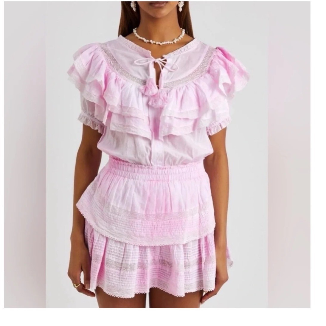 LoveShackFancy Liv Dress Peony Pink Cotton Ruffle Lace Mini XL