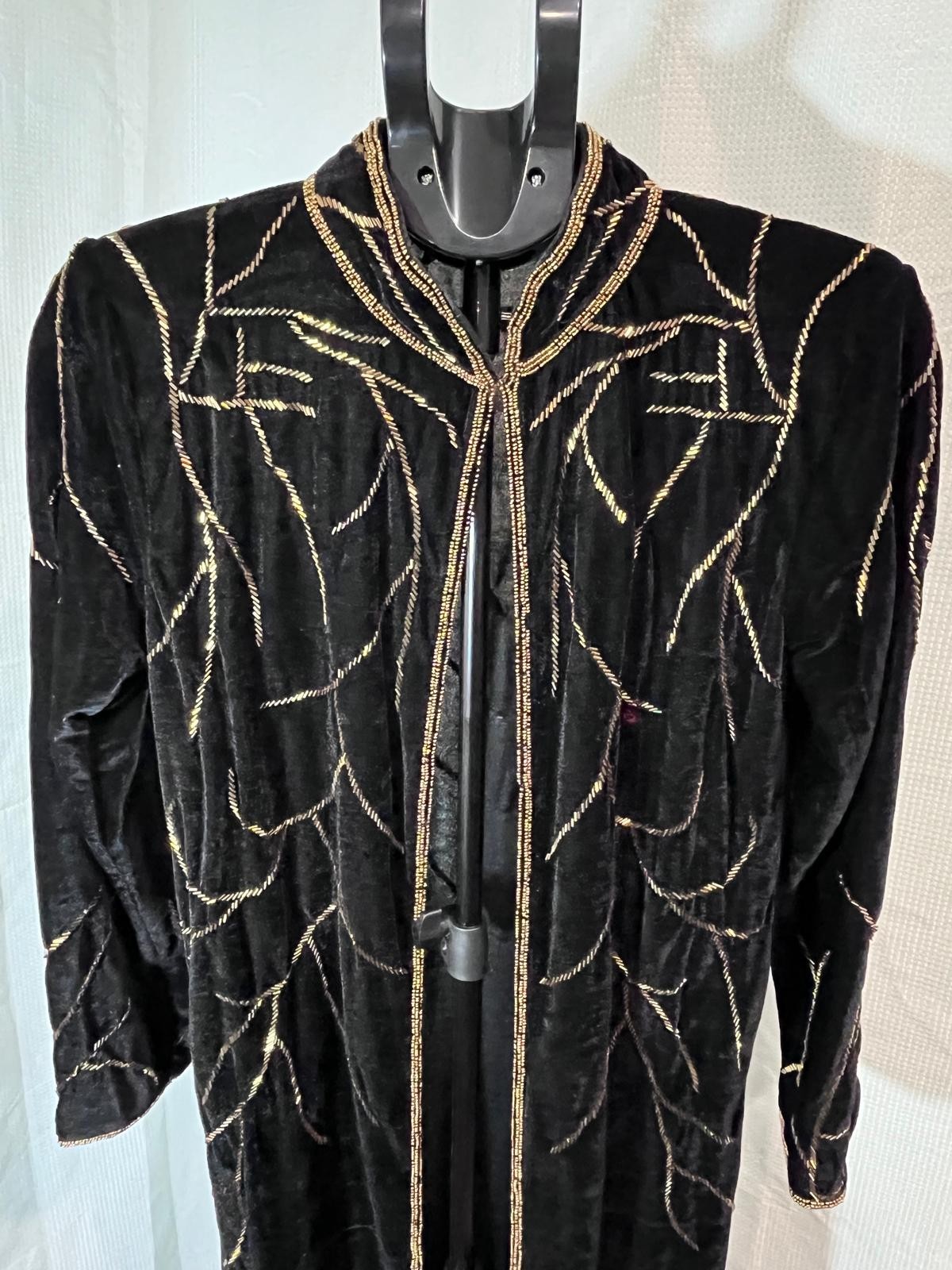 Black Velvet Beaded Sequin Duster Coat Open Front Floor Length Jacket