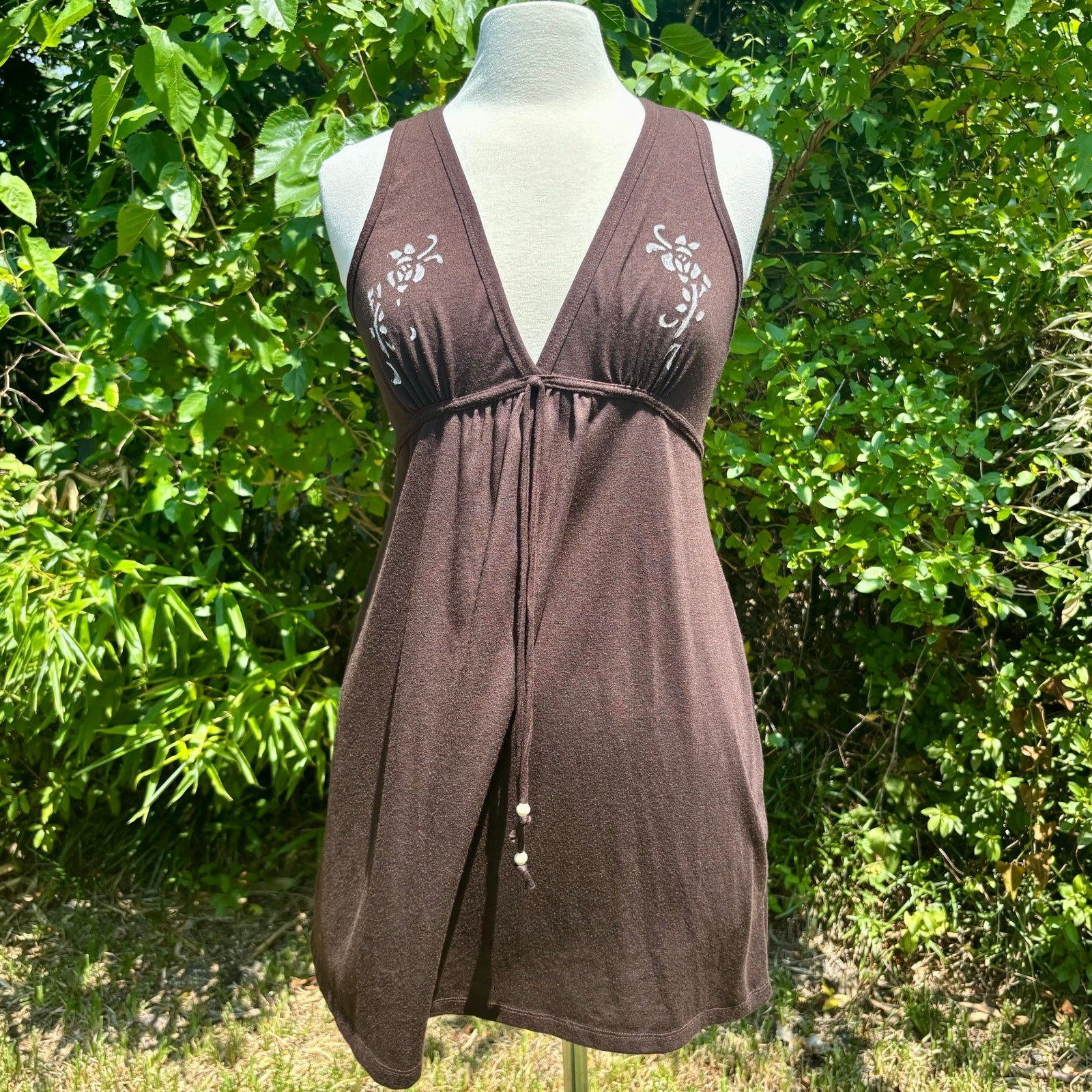 Y2K Chocolate Brown Painted Roses Halter-Style Babydoll Mini-Dress (M)