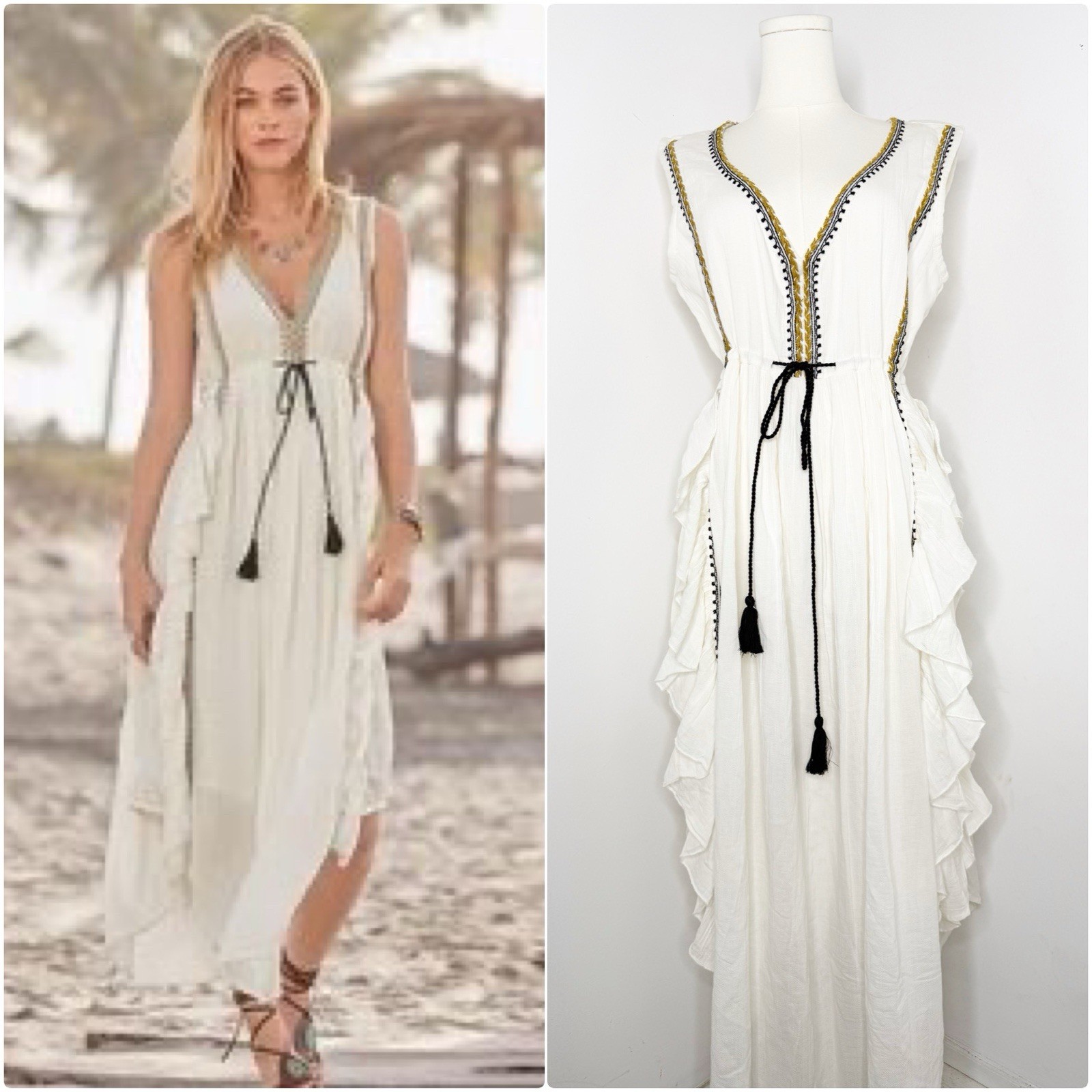 Talisman White Ruffle Maxi Dress with Tassel Tie Women’s Medium