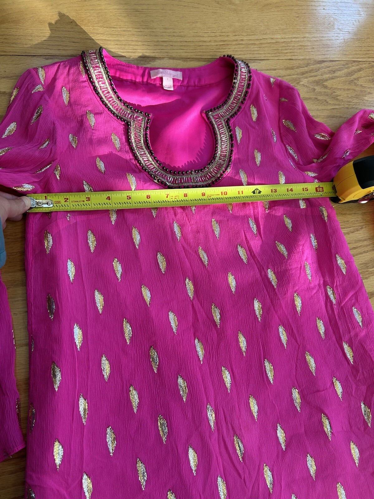 Lilly Pulitzer Amory Silk Dress Pink Gold Metallic Shift Bell Sleeve Size 2