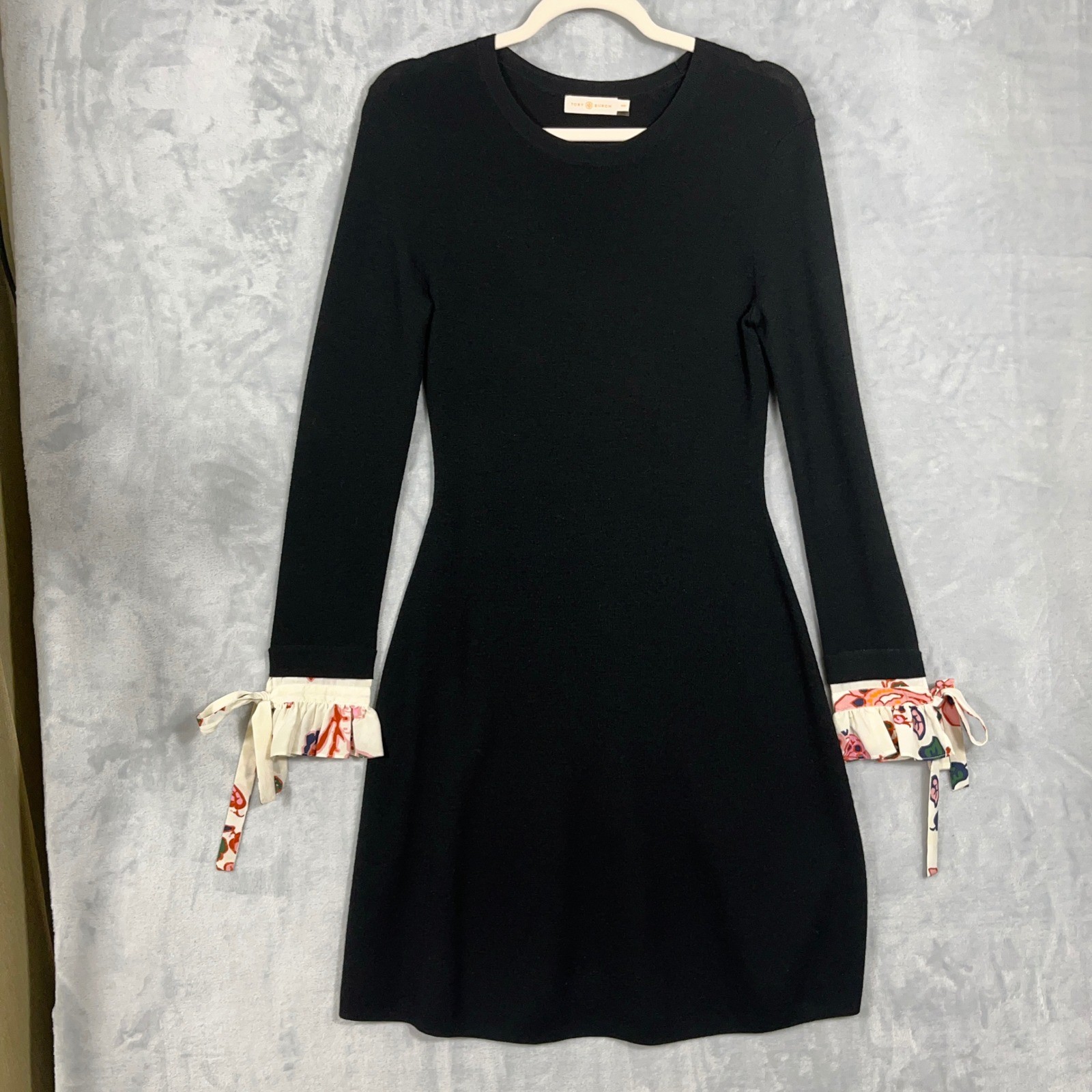 Tory Burch Womens Midi Sweater Dress M Black Merino Wool Silk Ruffle Cuff Luxury