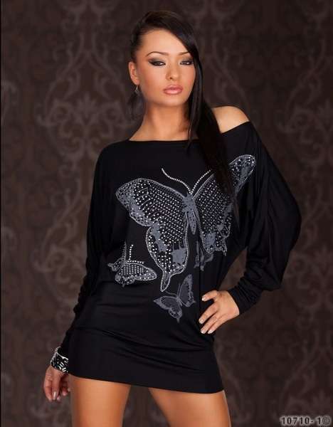 CLUBBING PARTY BUTTERFLY KIMONO BOAT NECK LONG SLEEVED DRESS/TUNIC BLACK 015