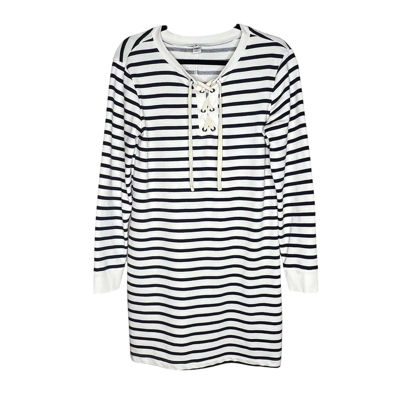 Sailor Lace-Up Dress M Navy Cream Striped Fisherman Nautical Casual Old Navy