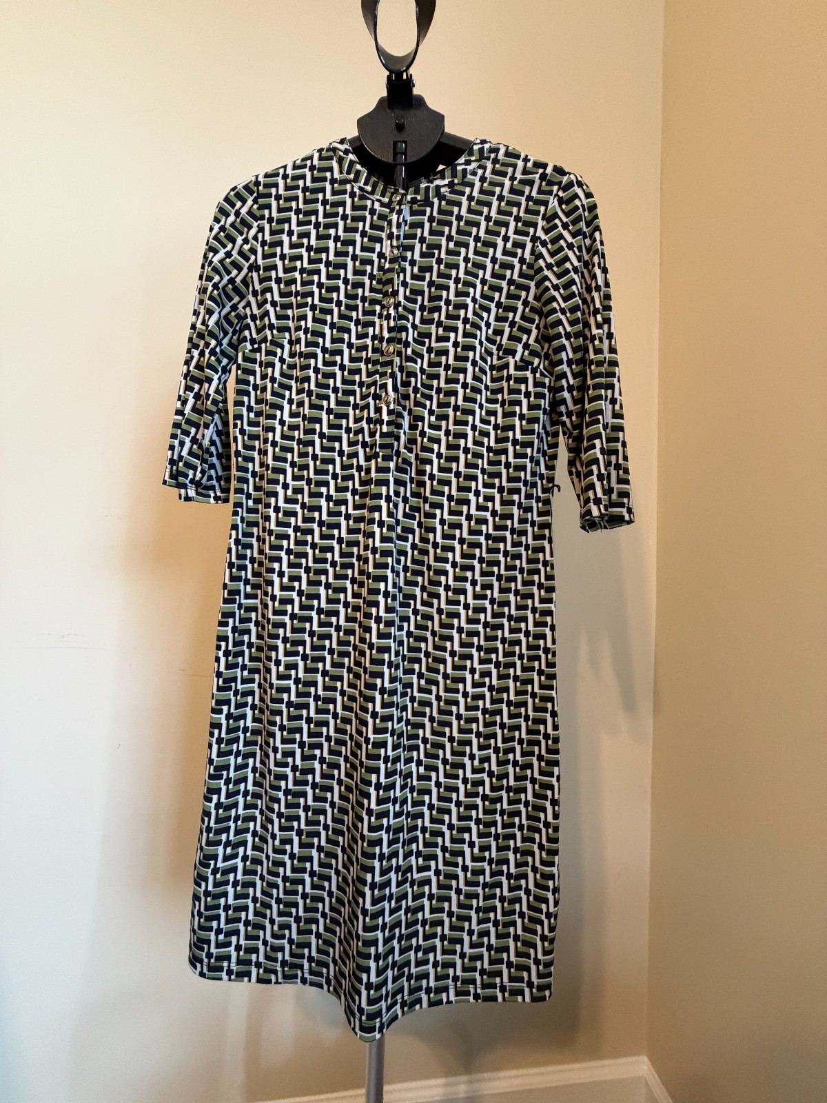 En Focus Studio Women’s Shift Dress Button 3/4 Sleeve Size 8 Green Black