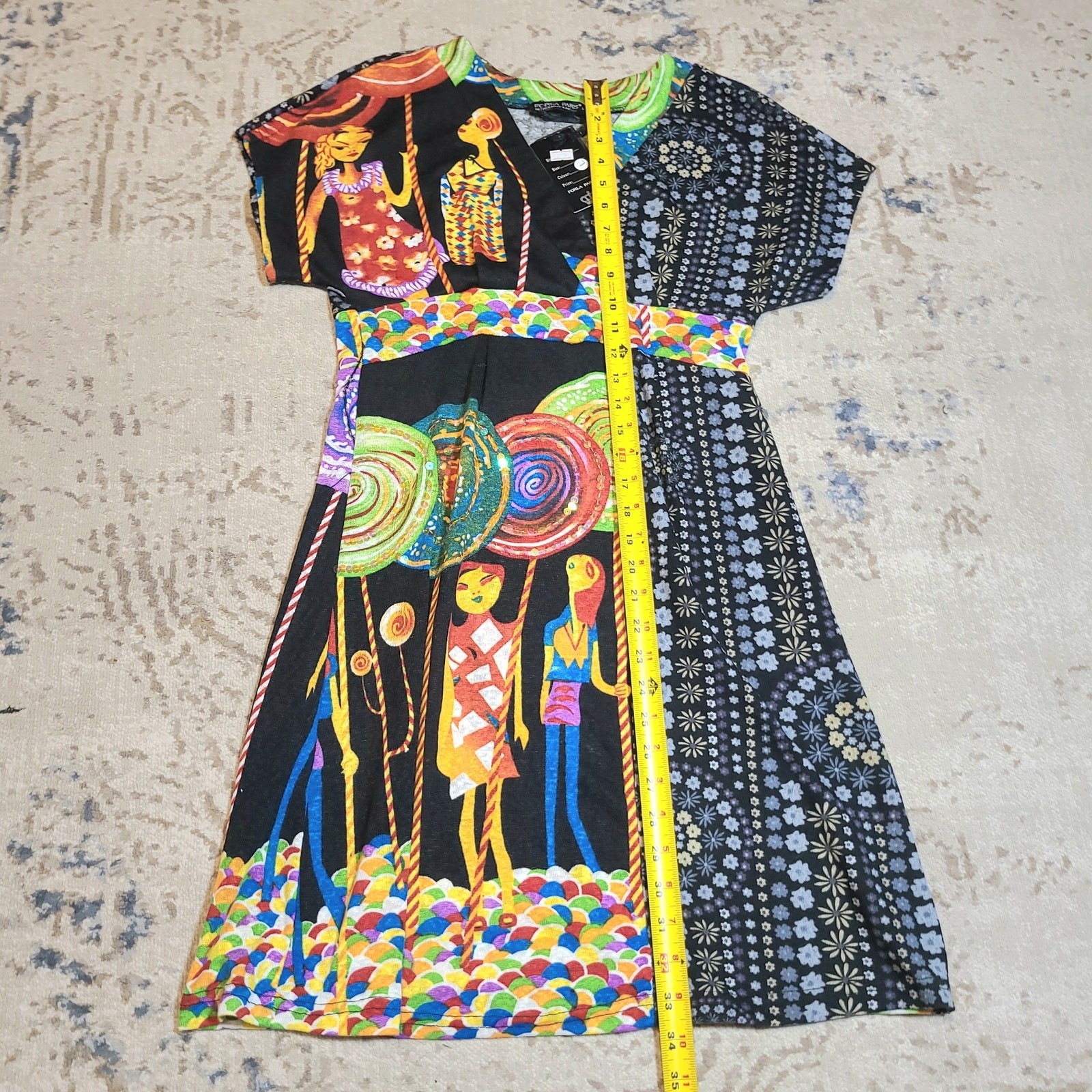 Forla Paris Graphic Print Dress Size Large Retro 100% Cotton Artsy Art To Wear