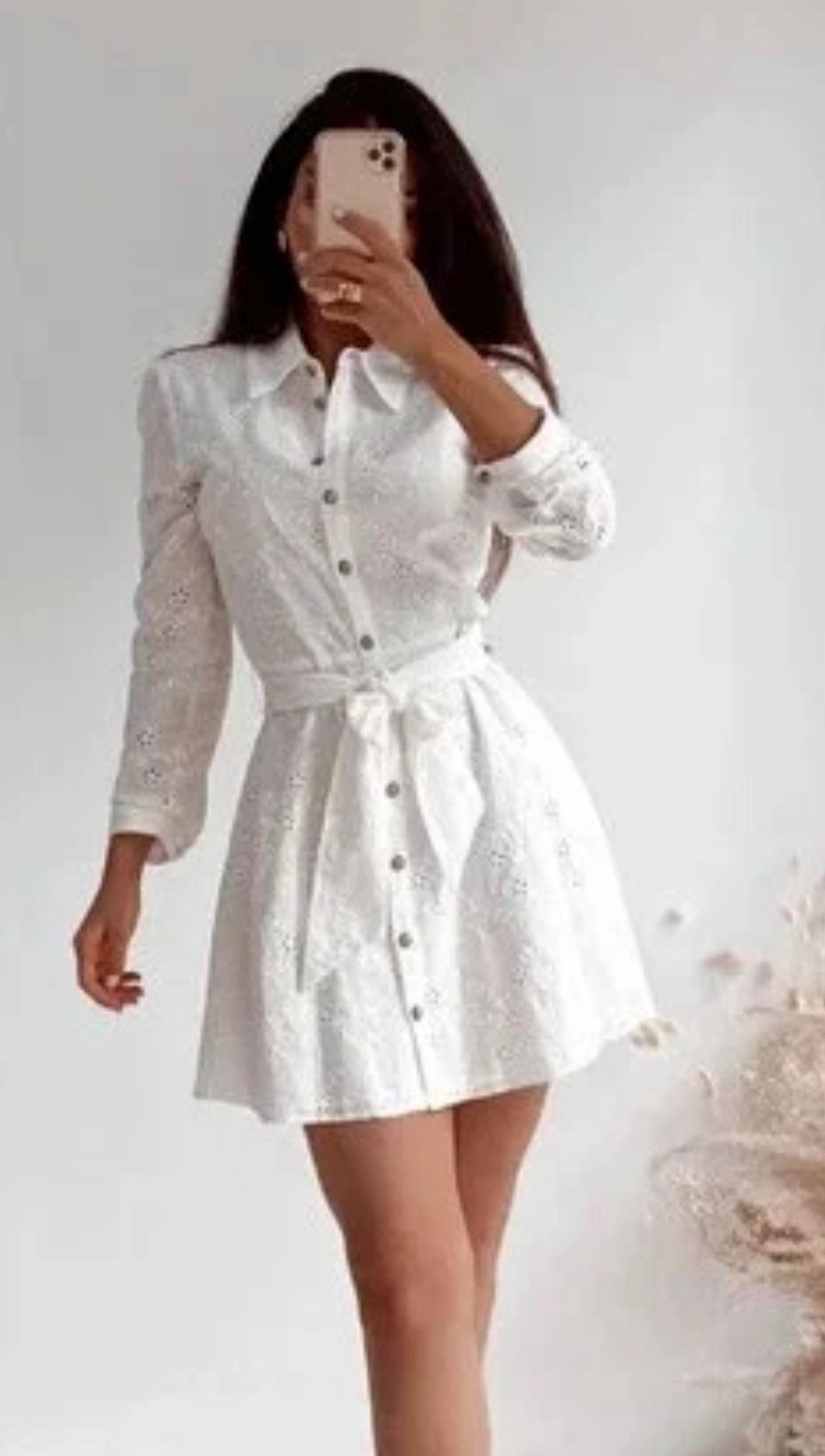 ZARA Openwork Eyelet Embroidered Short Belted Oyster White S Long Sleeve