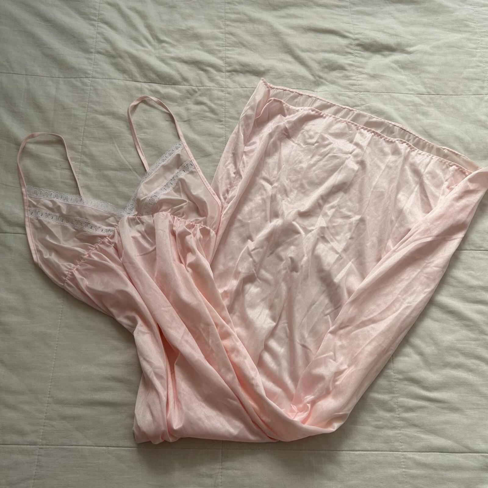 Vintage Pastel Pink Nylon Slip Dress Lace Trim Fairycore Maxi Dress