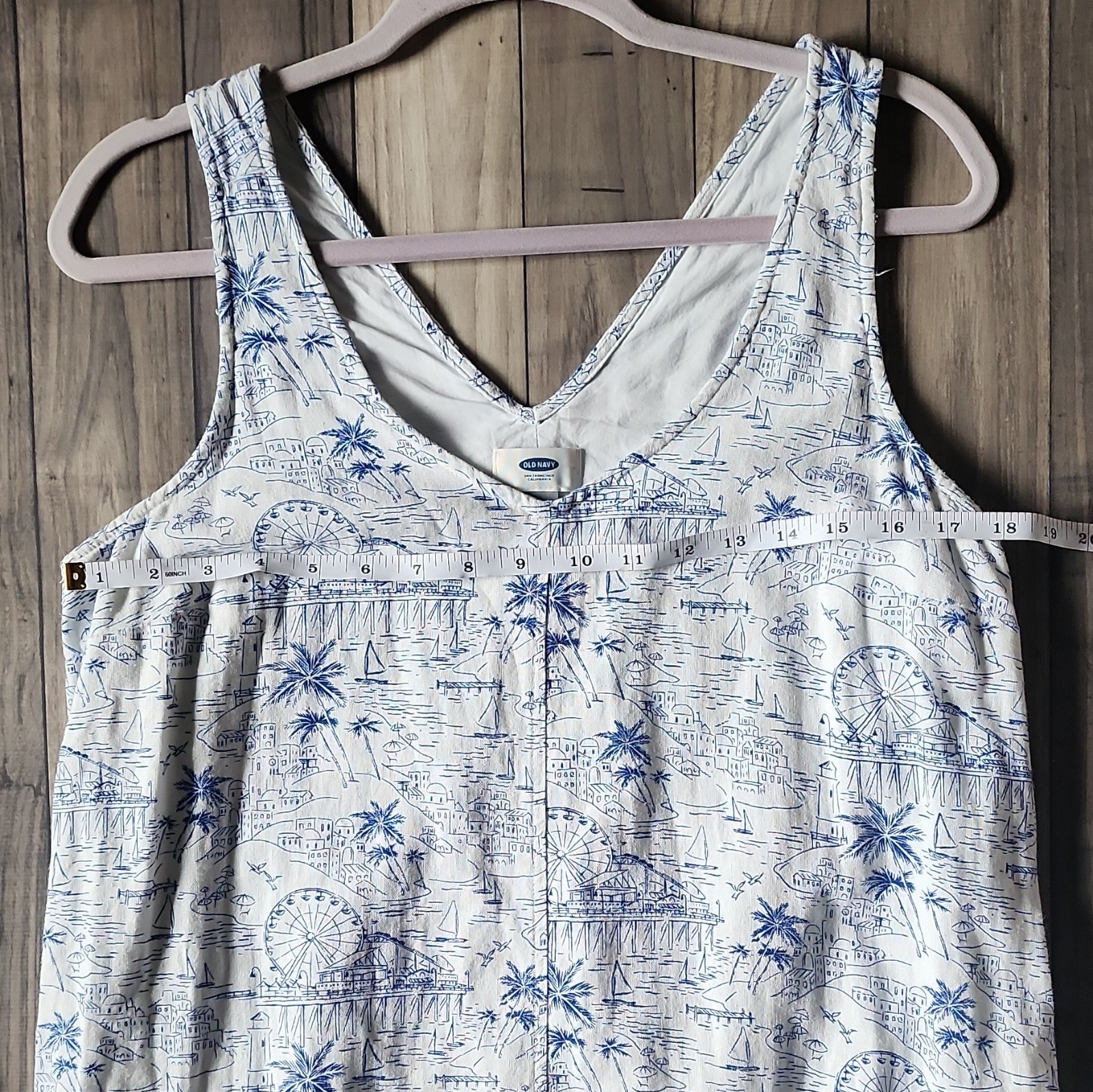 Old Navy White Blue Scenic V-Neck Sundress Knee Length Cotton Rayon M
