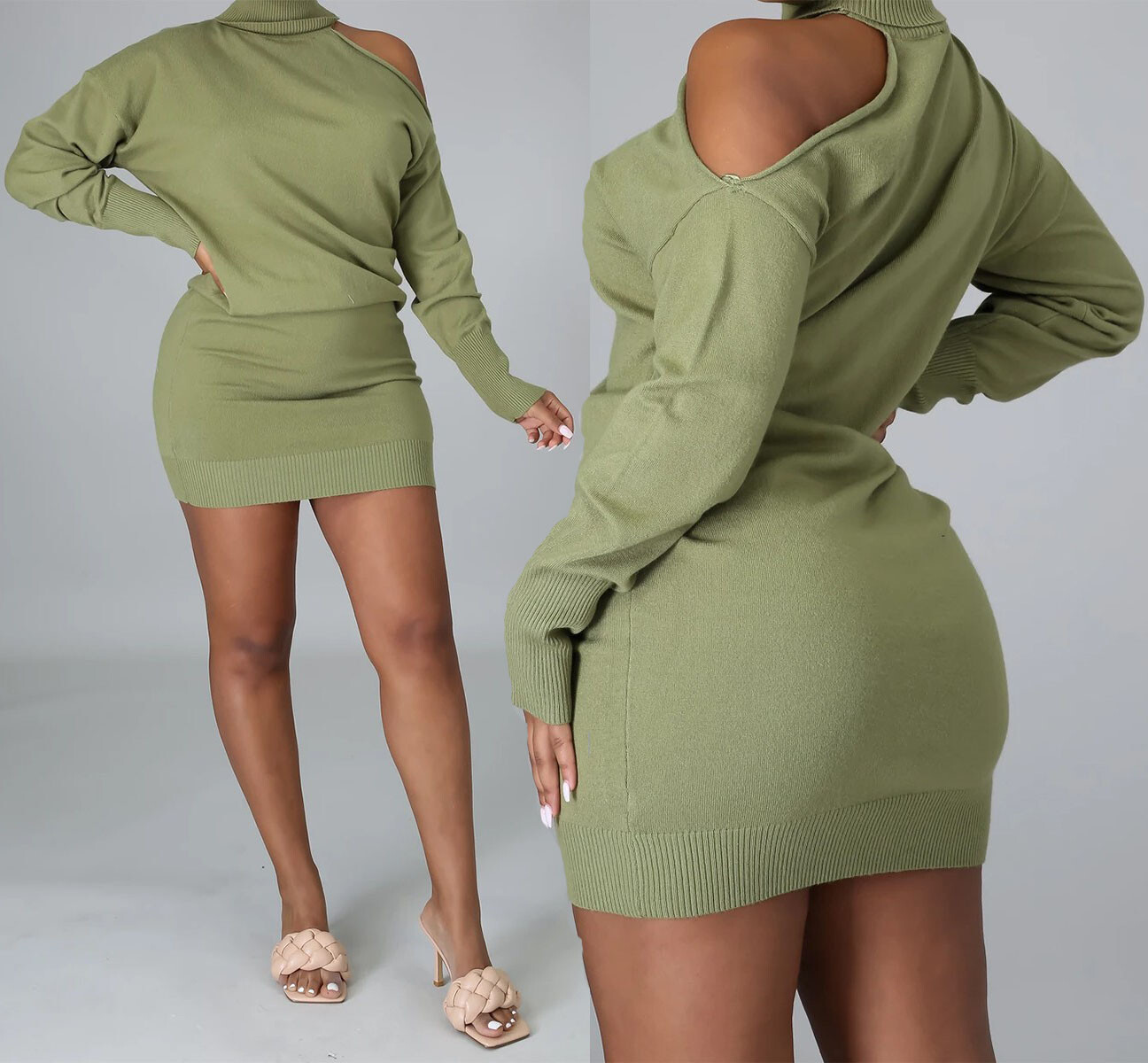 2021 Winter Fashion Turtle Neck Long Sleeve Cold Shoulder Sweater Mini Dress