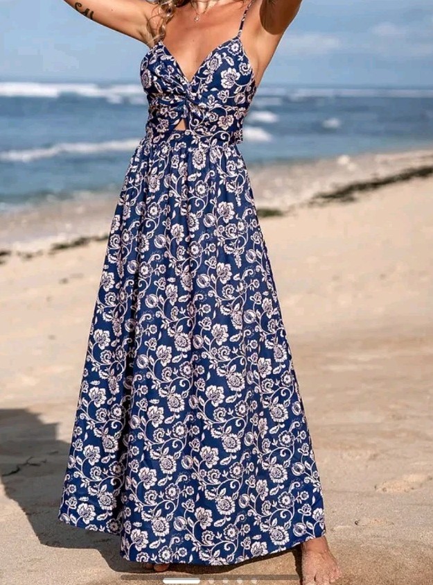 NWT Cupshe Women Blue Color Cream Floral Pattern Tie Back Dress Size Large