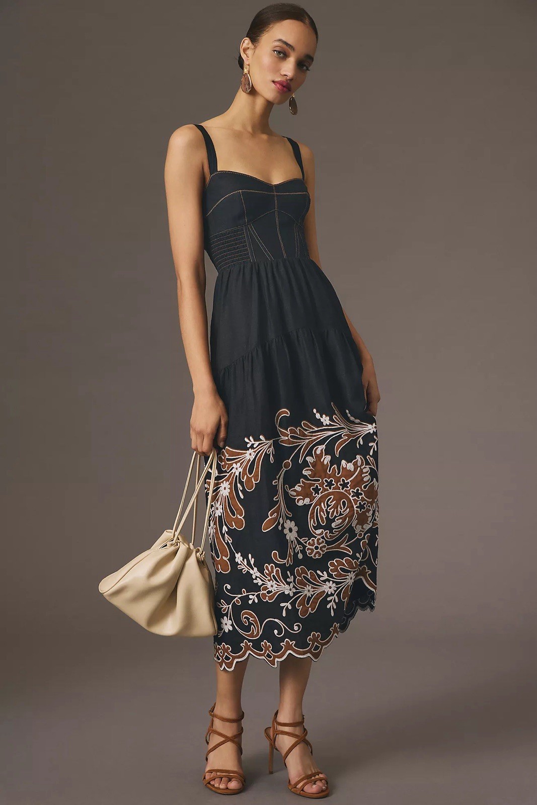Anthropologie Black Appliqué Midi Maxi Dress with Tan Floral Embroidery size XXS