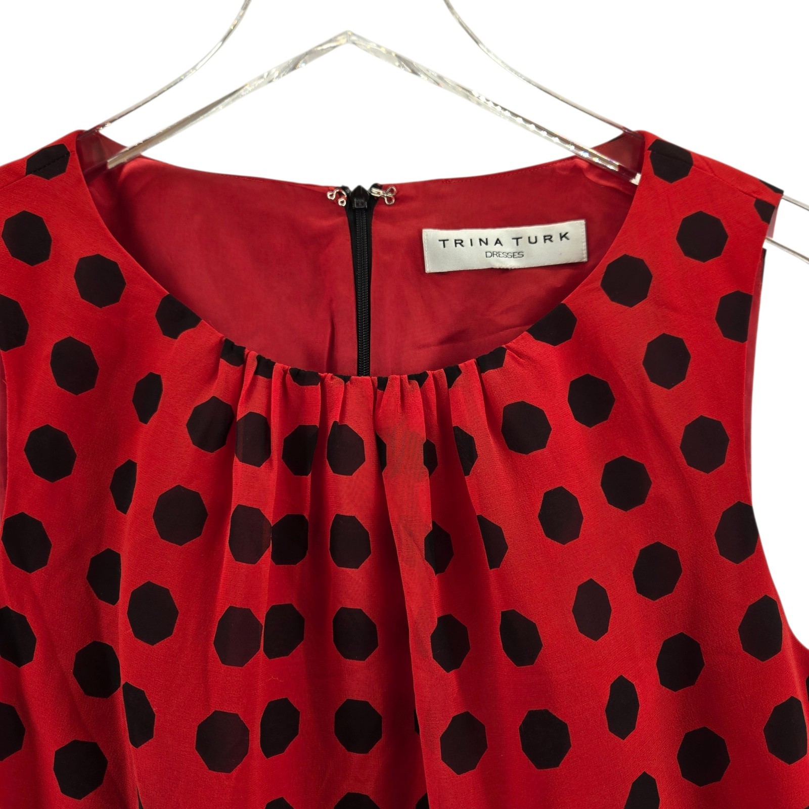 Trina Turk Dress Womens Small Medium Ladybug 100% Silk Black Red Polka Dot Party
