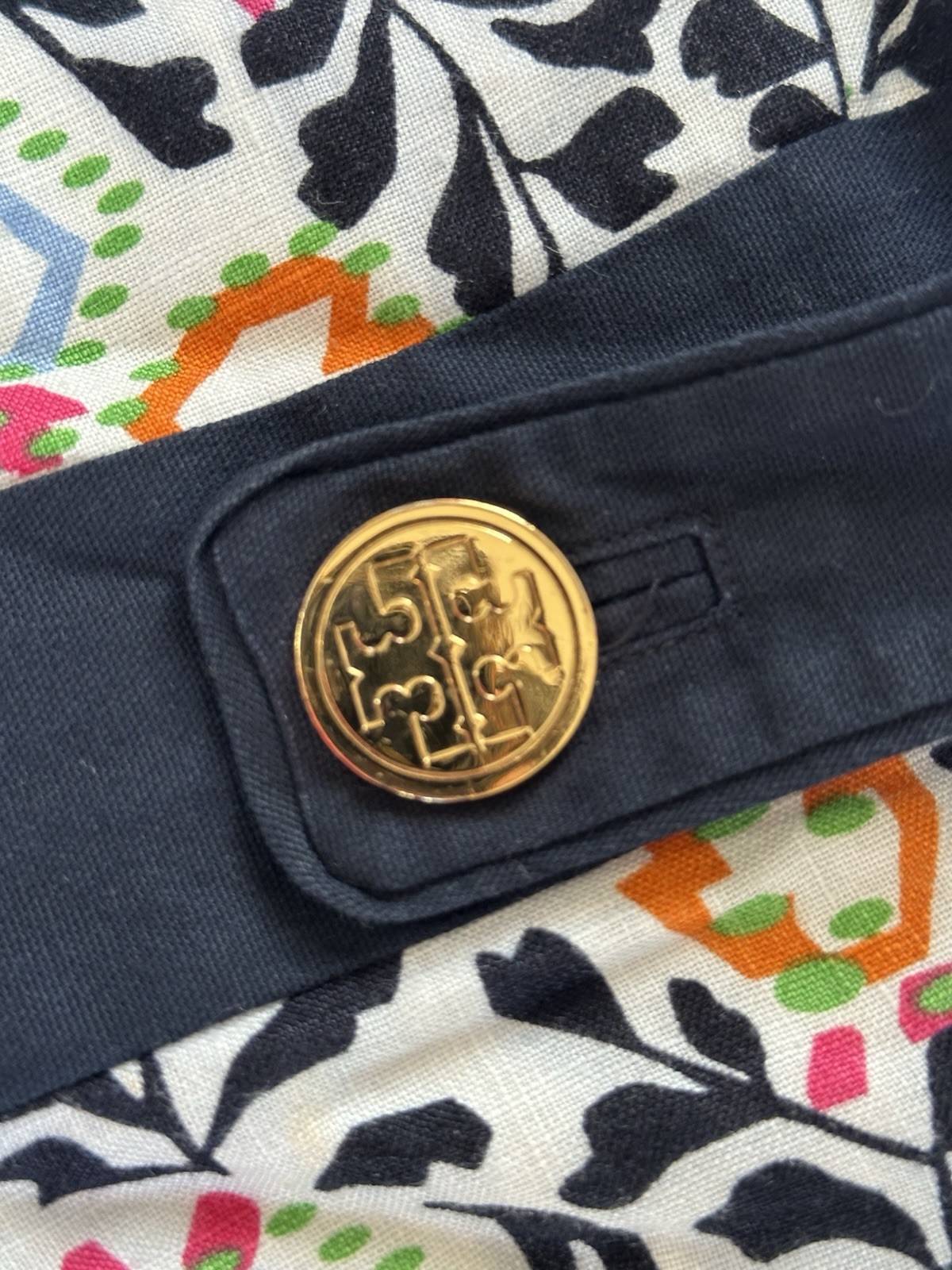 Tory Burch Melanie Printed Linen Shift Dress Navy Orange Floral Size 4 Excellent