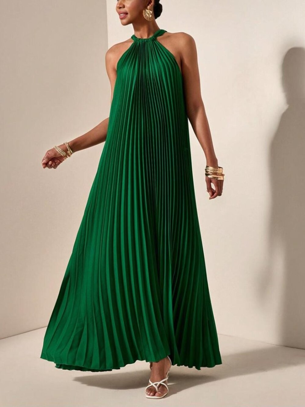 NEW Green Pleated Halter Maxi Dress Elegant Flowy Vacation Gown, Size L