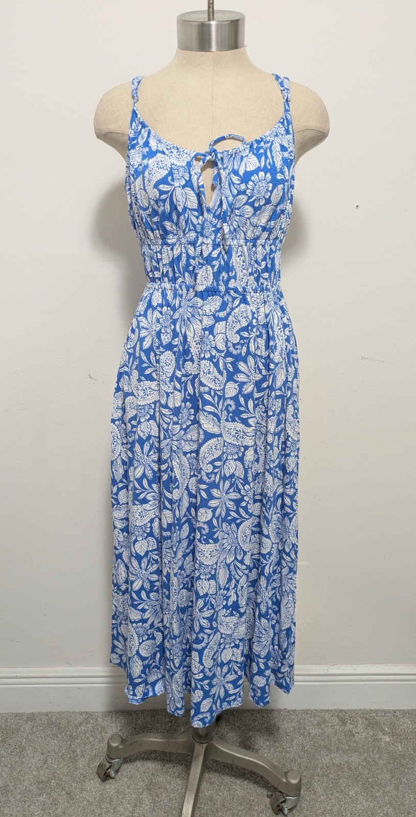 LOFT Blue Floral Paisley Midi Jersey Dress SMALL Summer Resort Beachy Feminine
