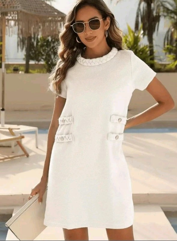 NEW Elegant Tweed Short Sleeve A-line Bodycon Career Dress S