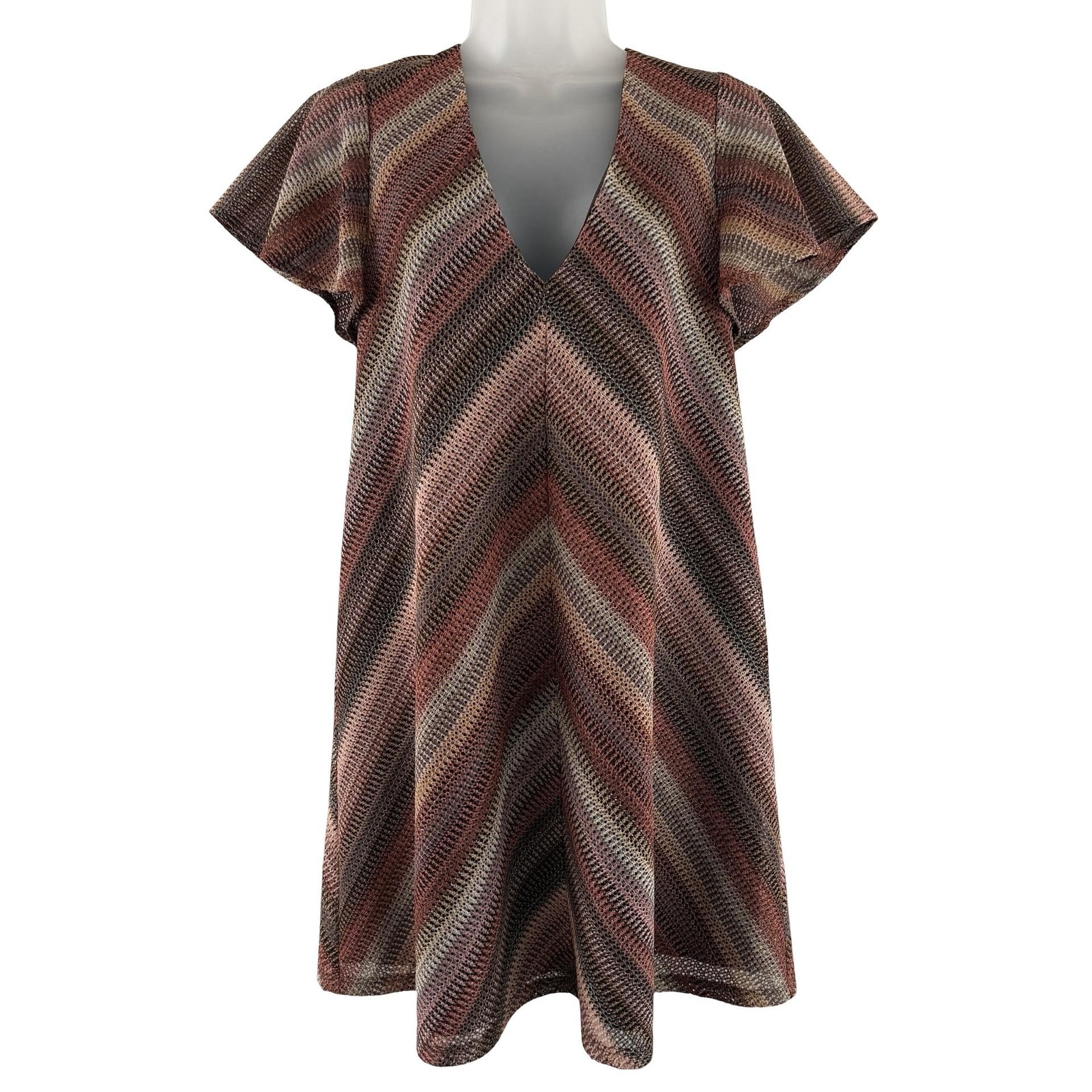 BCBGeneration Trapeze Dress Womens Small Brown Chevron V Neck Flutter Sleeve Y2K