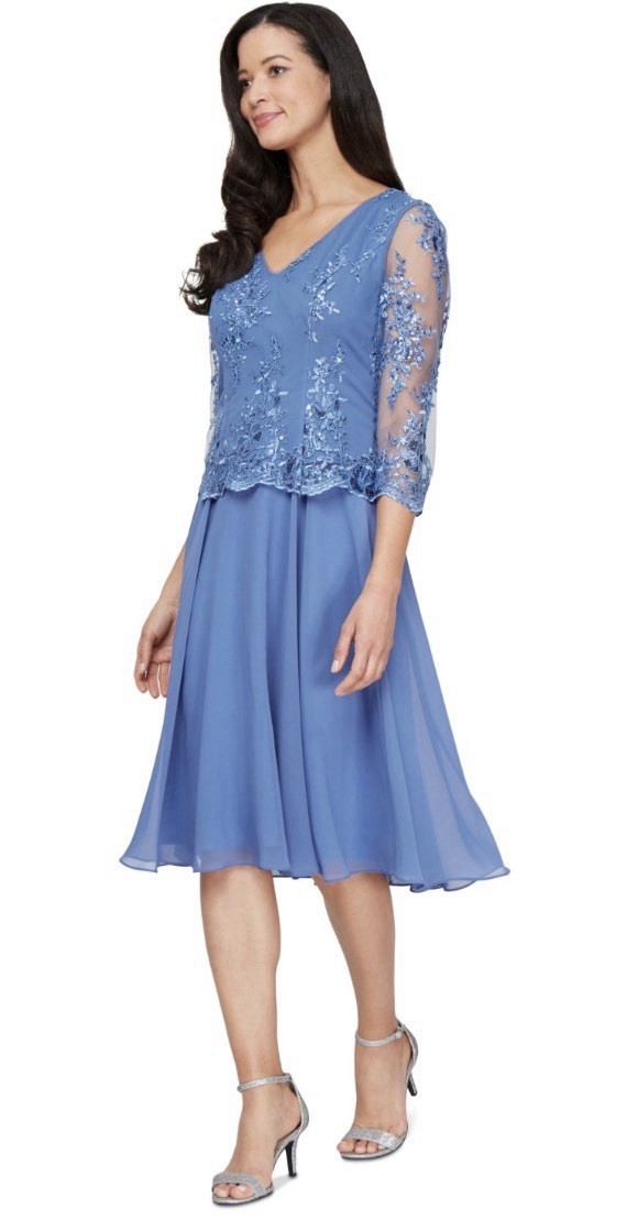 Alex Evenings Petite V-Neck Chiffon 3/4-Sleeve Dress – Cornflower