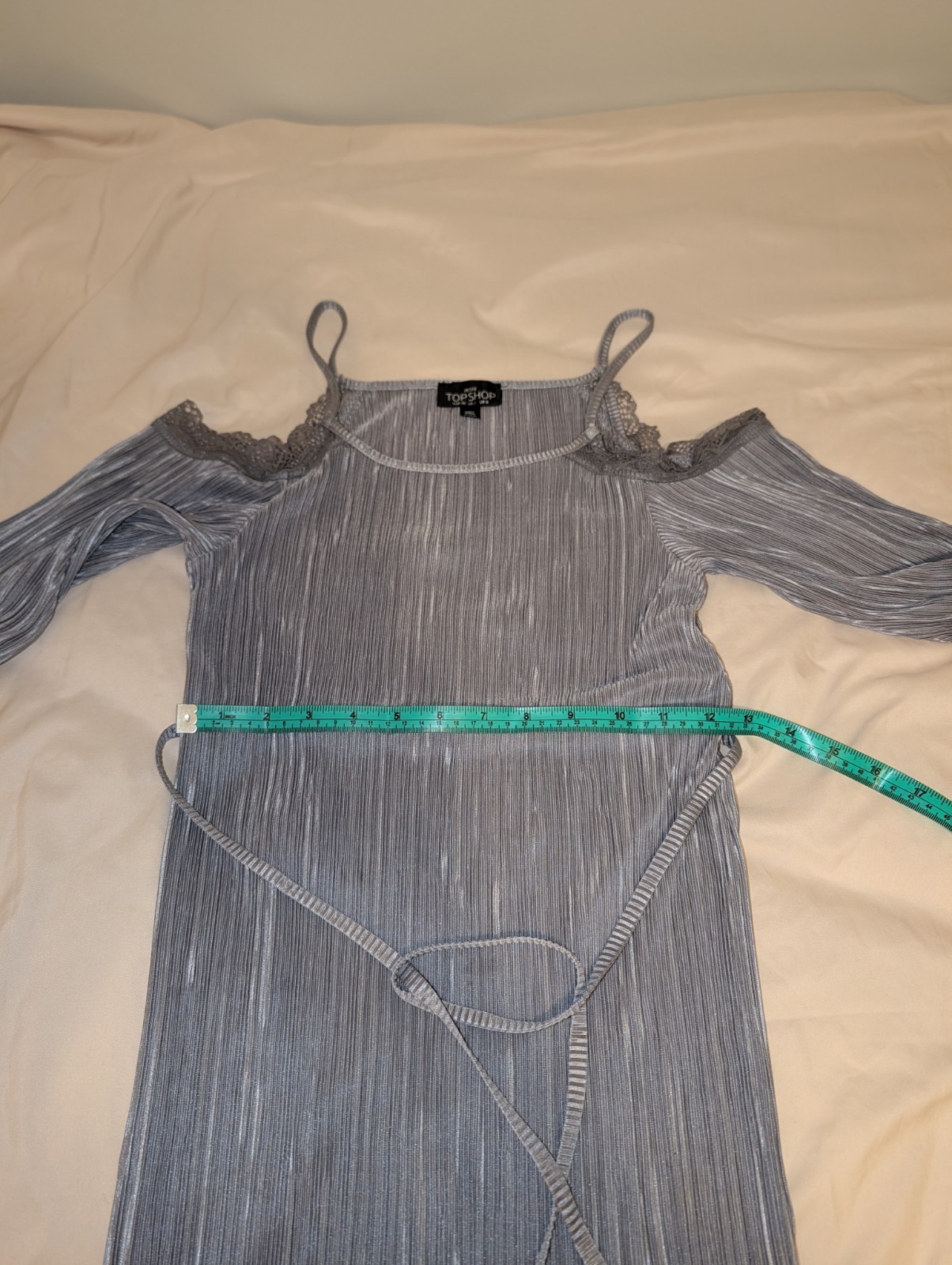 Topshop Silver Shift Dress Scoop Neck Cold Shoulder Pleated Lace Tie Belt 2