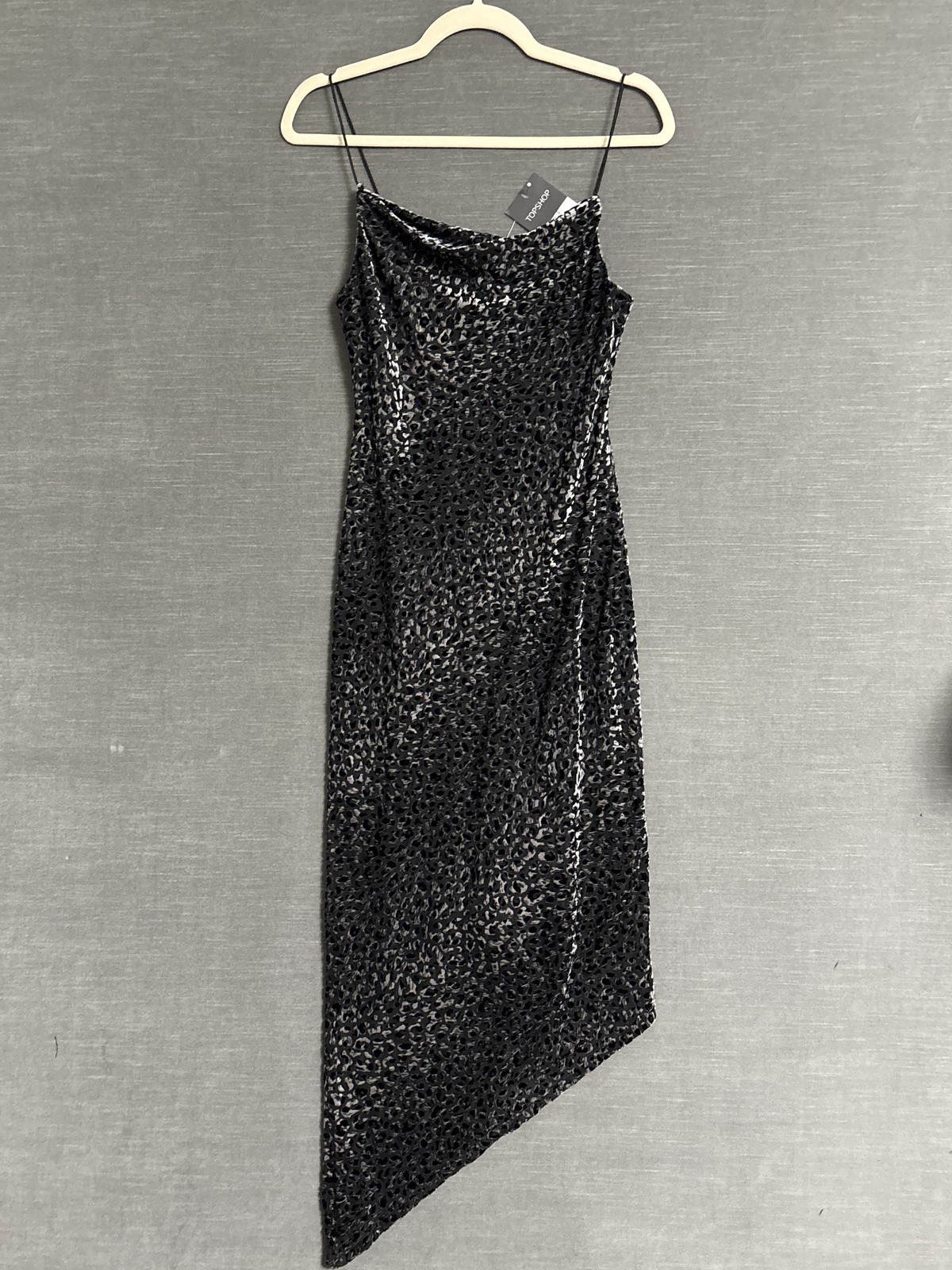 Topshop Slip Dress 4 Black Leopard Asymmetrical Cowl Velvet Midi Y2K Party