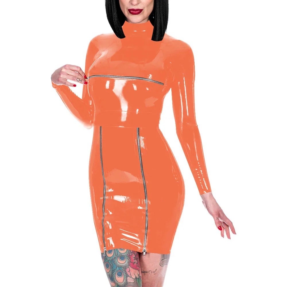 Back Zipper Wrap Hip Dress Shiny PVC High Neck Dress Front Zips Mistress Costume