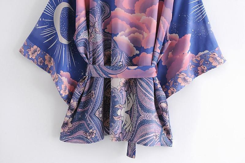 Purple Floral Moon Sky Cloud Print Boho Short Kimono Batwing Sleeve Robe