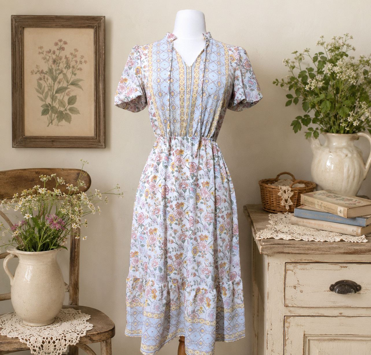 Monteau LA Women’s XS Floral Midi Dress Cottagecore Prairie Boho Romantic