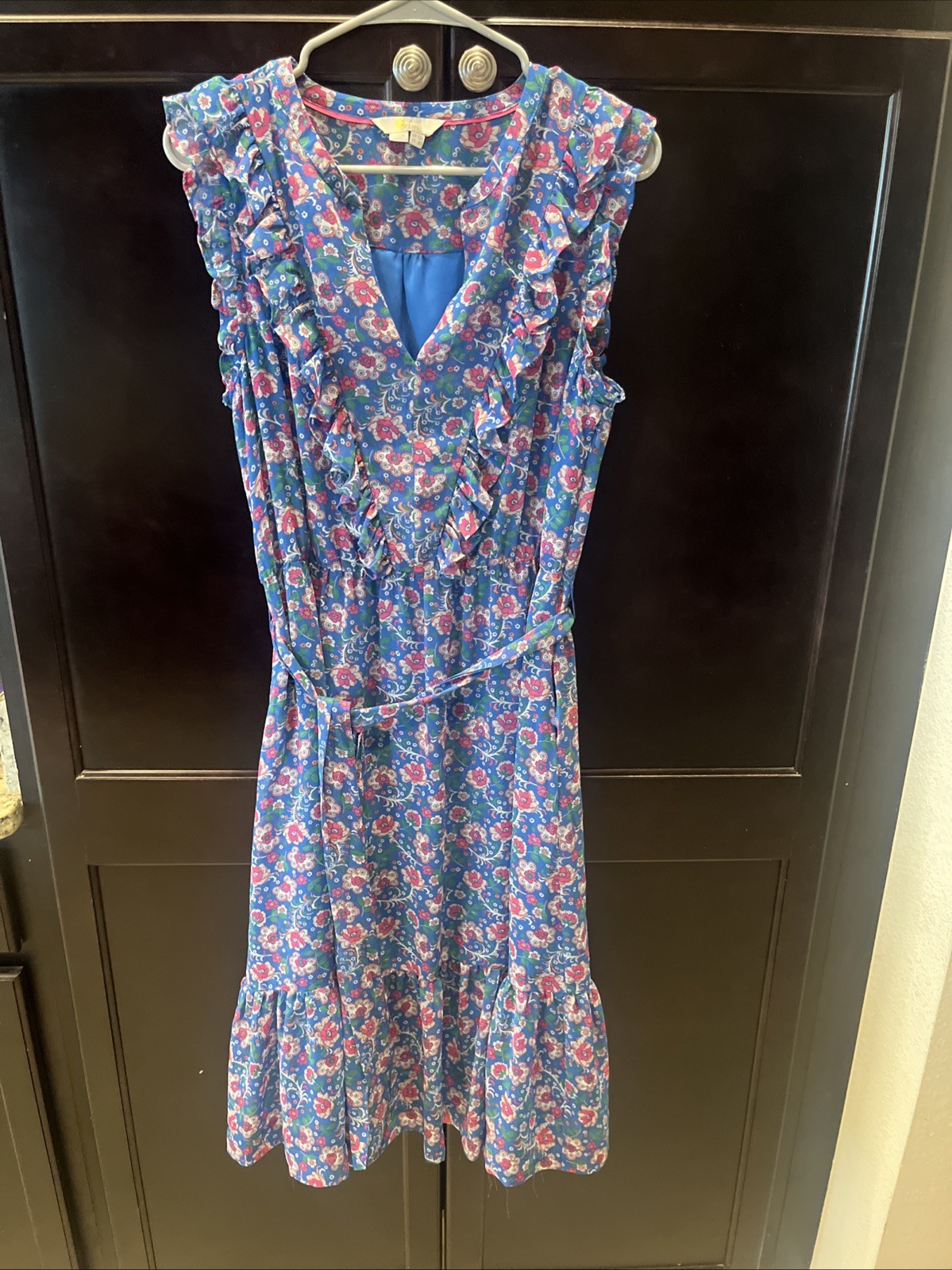 Boden Blue Floral Ruffled Midi Dress With Side Zip And Front Tie Size 8