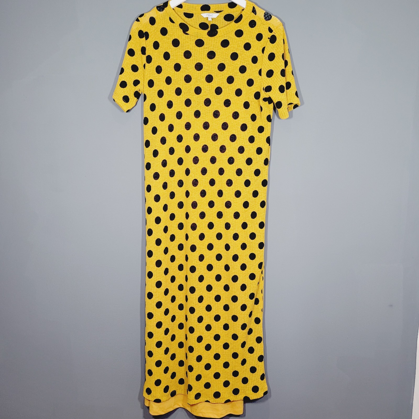 NEXT DRESS SIZE 14 MUSTARD NAVY SPOTTY POLKA DOT LONG STRETCH BODYCON KY30