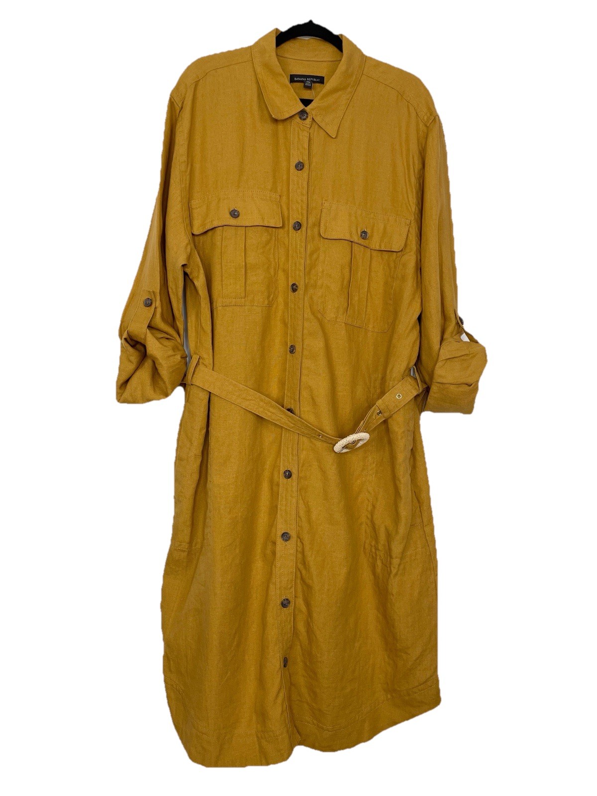 Banana Republic Linen Midi Shirt Dress XXL Belted Roll-Tab Sleeve Safari NWT
