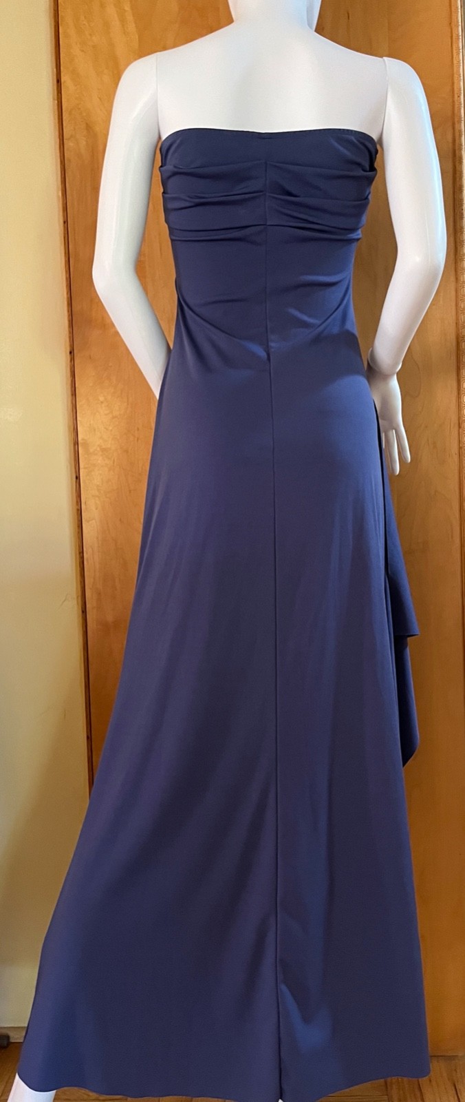 WOMEN’S NAVY BLUE RUCHED SIDE SLIT STRETCHY STRAPLESS LONG MAXI DRESS – M