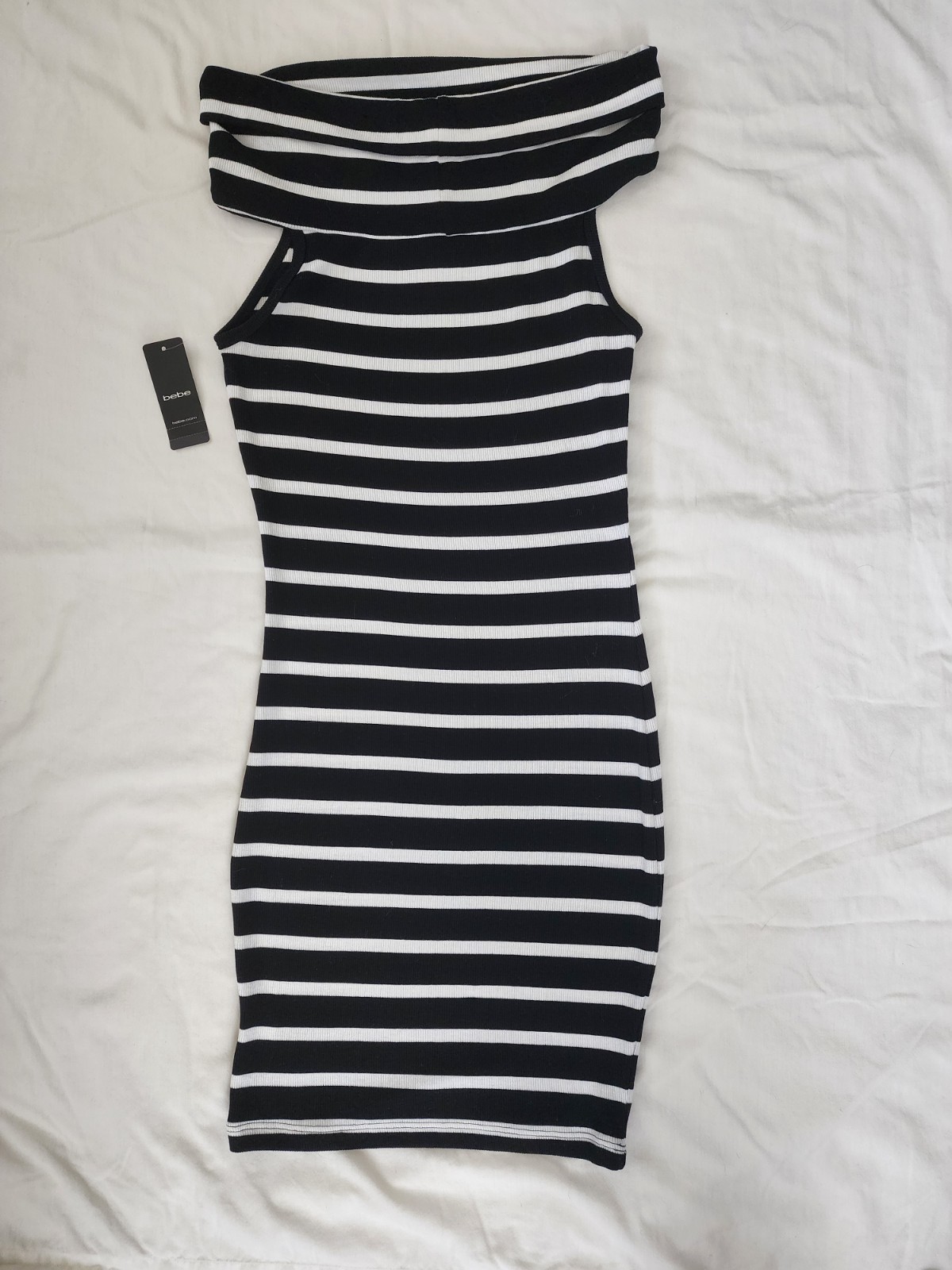 bebe Womens Dress Small Black White Striped Rhinestone Logo Fold Over Neck NWT