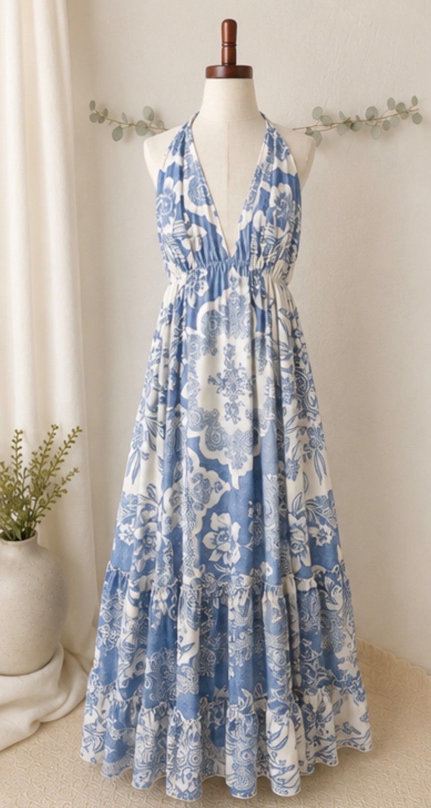 Parker Halter Maxi Dress L Blue Ivory Floral Open Back Tiered Boho Resort