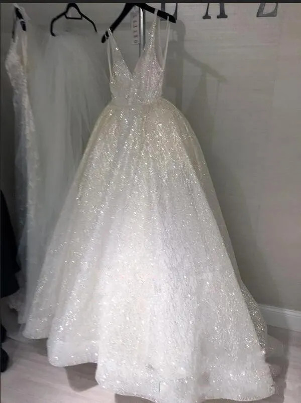 Sexy Sequined Wedding Dresses Spaghetti Straps V-Neck Back Long Pageant Gowns