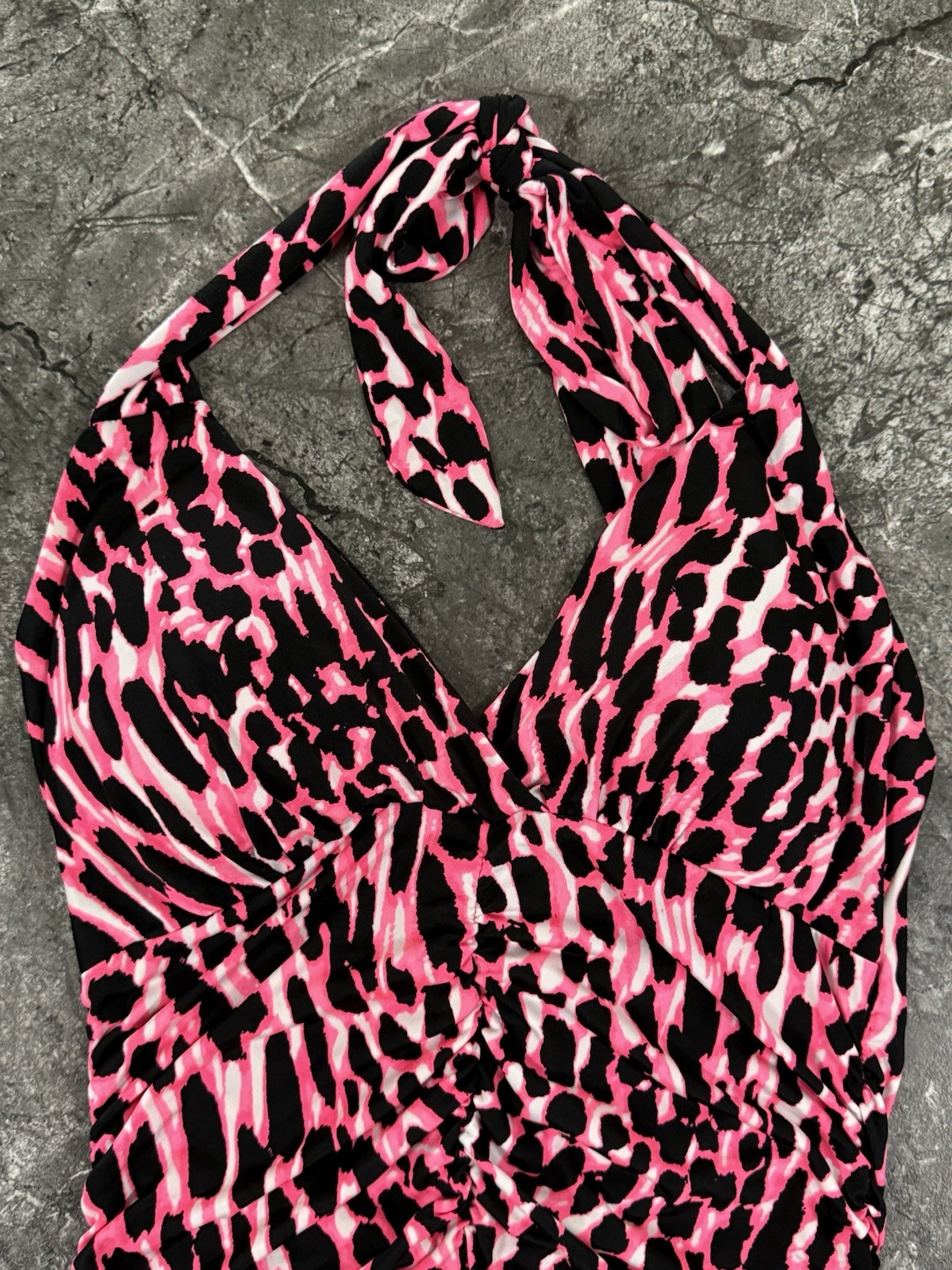 Kiwi Womens Ruched Halter Mini Dress Stretch Clubwear Neon Pink Black Leopard S