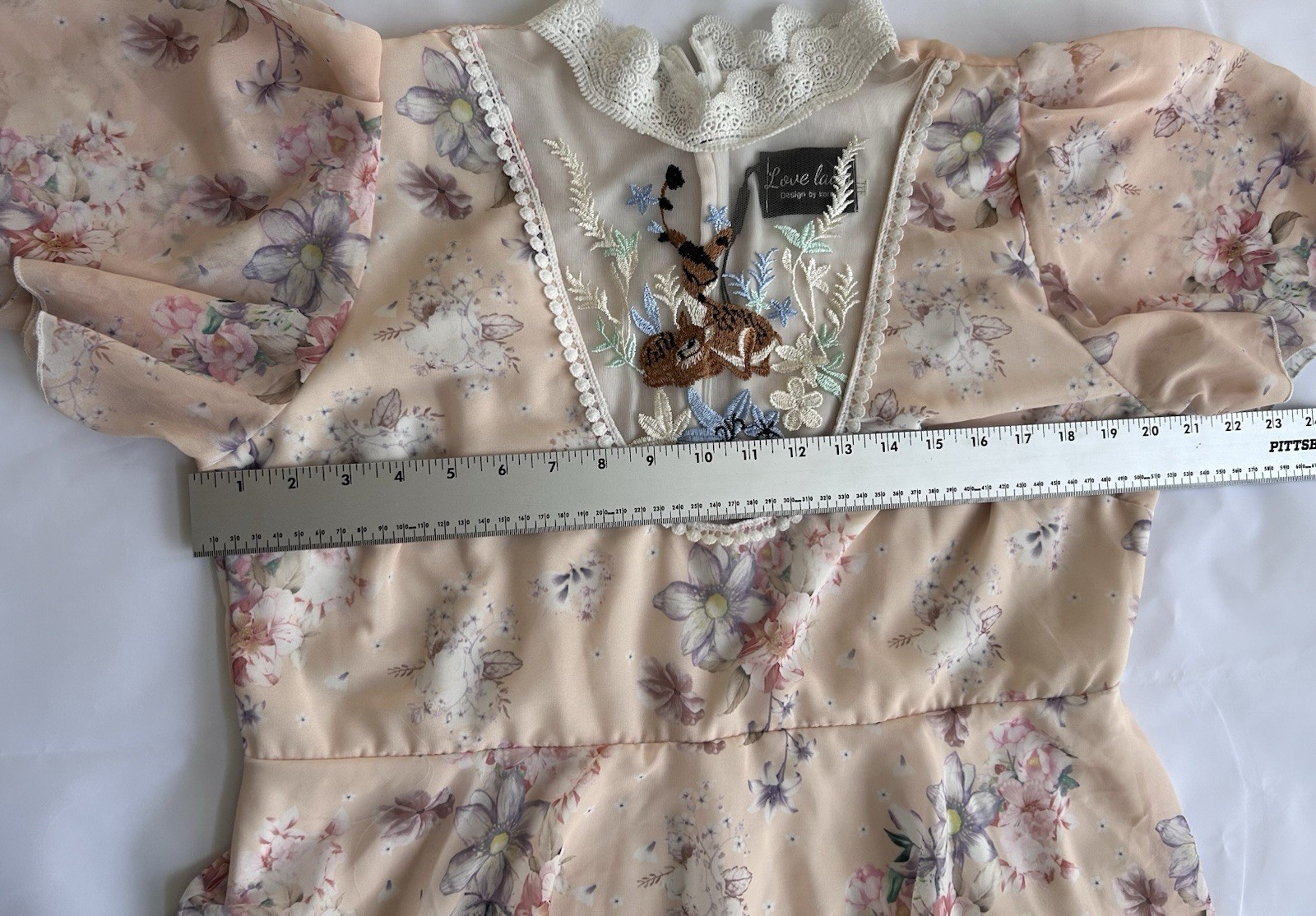 Love Lady Beige Floral Chiffon Midi Dress V-Neck Flutter Sleeve Lace M