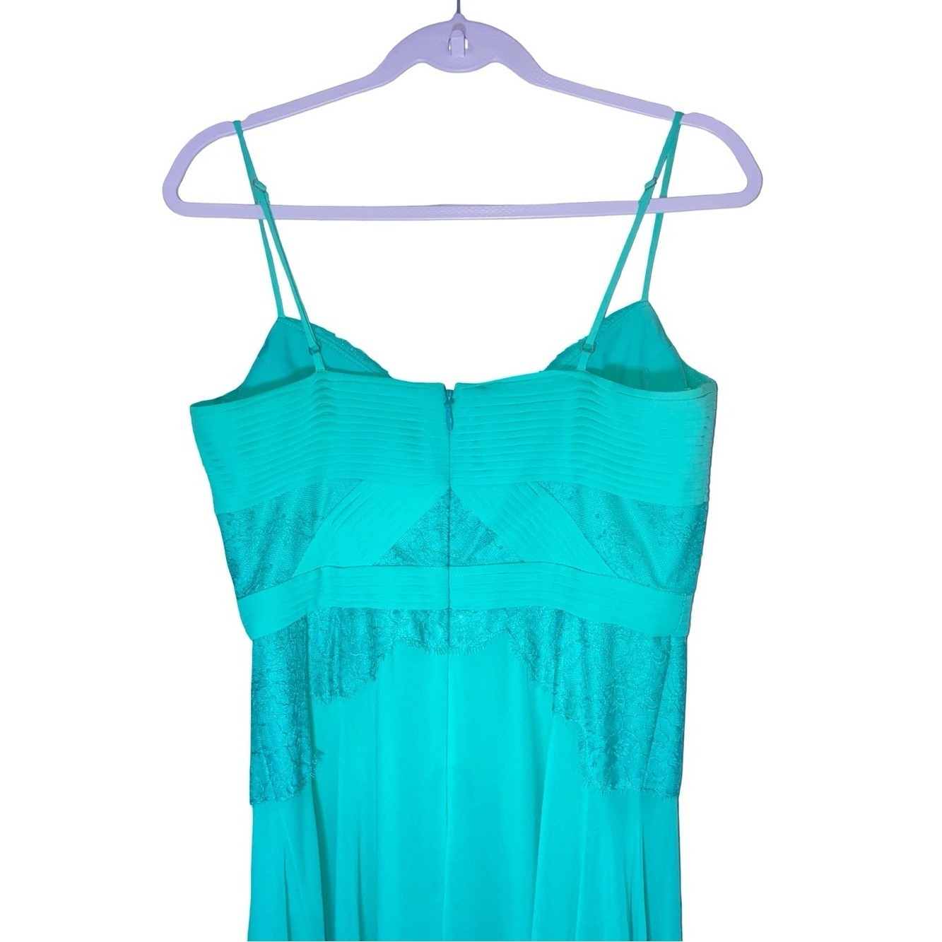 BCBGMAXAZRIA Teal Turquoise Pleated Chiffon Lace Accent Maxi Gown Dress Size 6