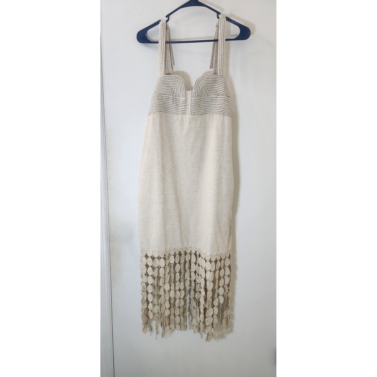 Strut & Bolt Beige Circle Fringe Hem Midi Dress Striped Straps Pockets Size M