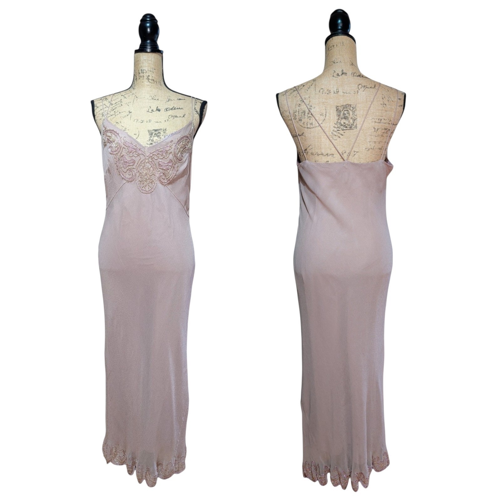 90s Y2K Maria Grachvogel Dusty Rose Beaded Bias Cut Slip Dress UK 10/12 (US 8)