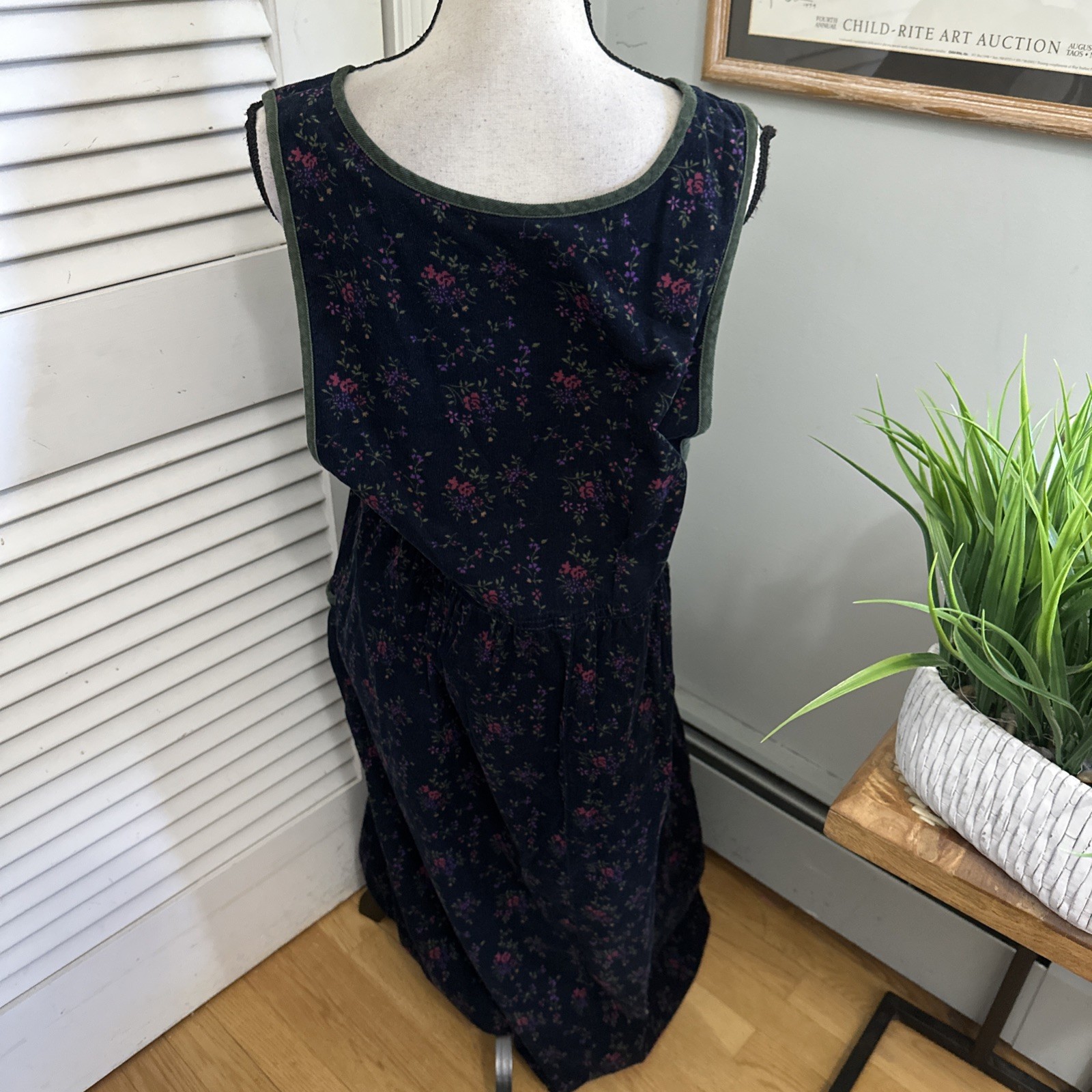Vintage Erika & Co Overall Dress Medium Blue Corduroy Floral Midi 90s Boho Chic