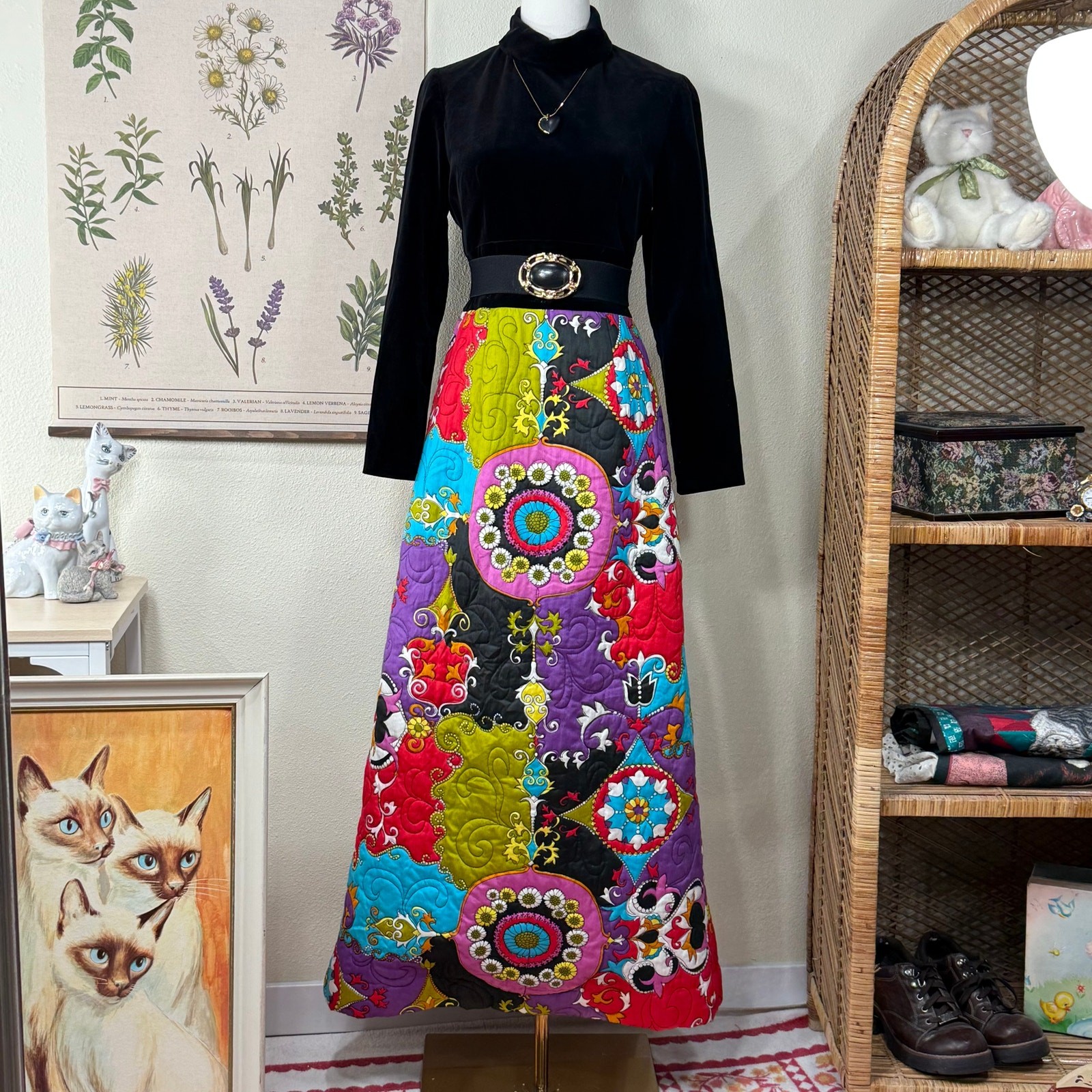 Vintage 60s 70s Velvet Quilted Maxi Dress Mod Retro Whimsigoth Witchy Hippie S