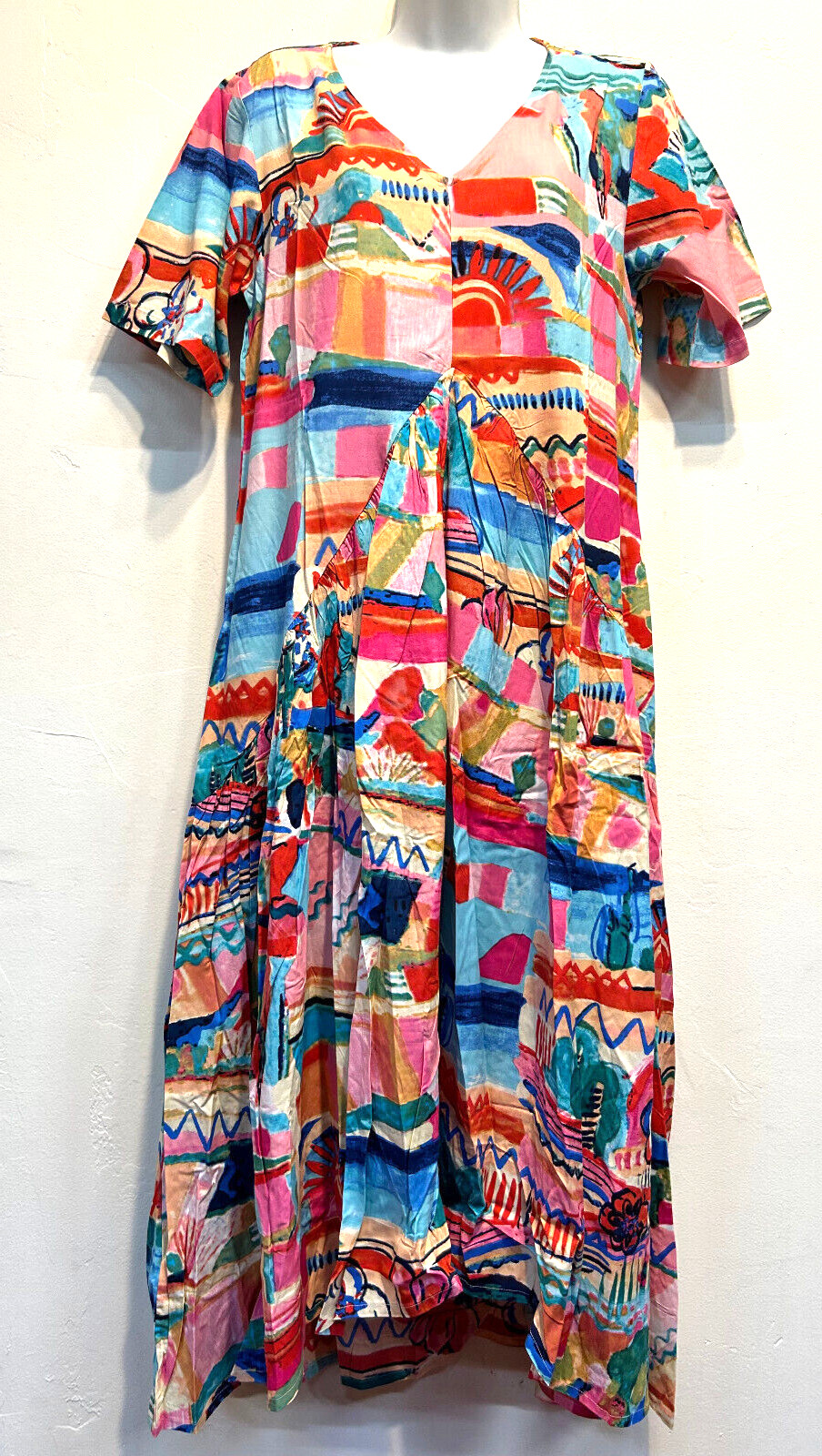 Nwt SACRED THREADS abstract funky hippie rayon pocket hi-low DRESS M Free shipp