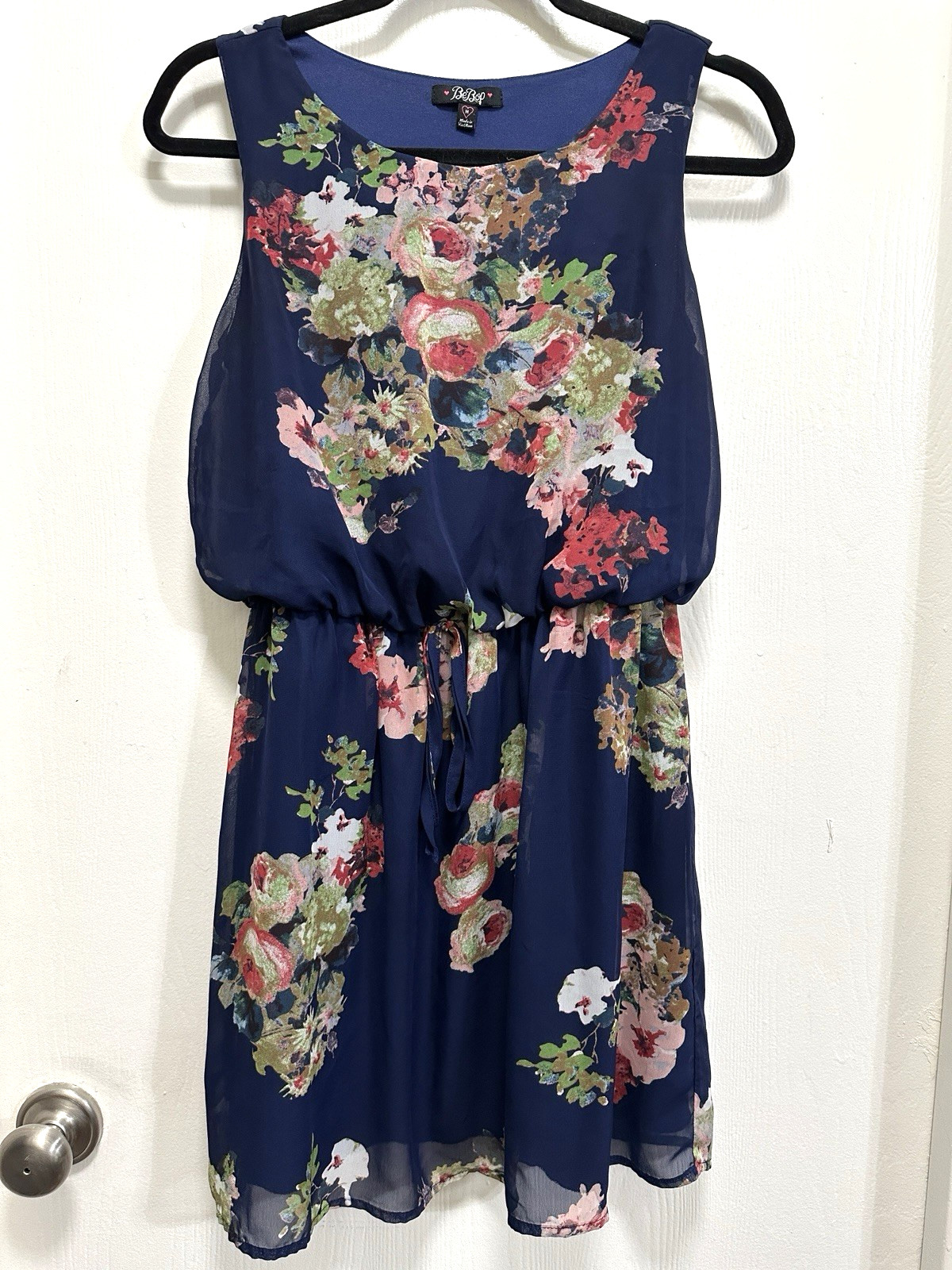 BeBop Blue Floral Chiffon Sleeveless Mini Dress Elastic Waist Size M Boho flowy