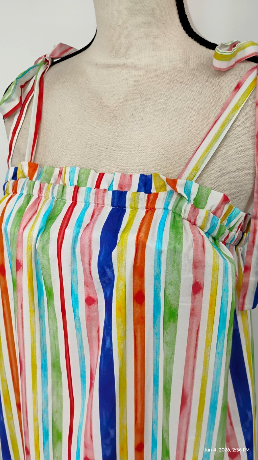 NEW $180 Brooke Wright Rainbow Stripe Dress 100% Cotton Spaghetti Straps Lined M