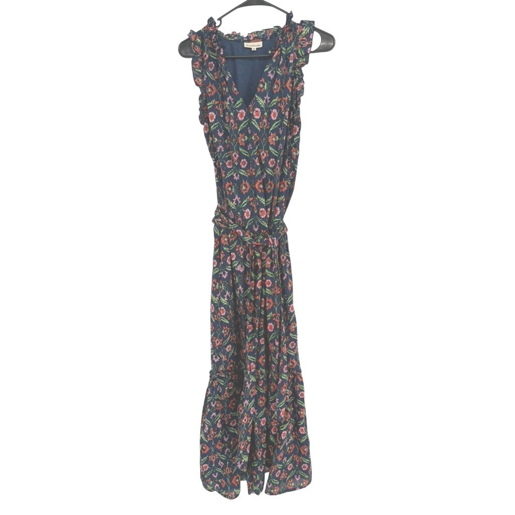 Fitzroy & Willa Dress Womens XS Navy Floral Sleeveless V-Neck Ruffle Maxi Tiered