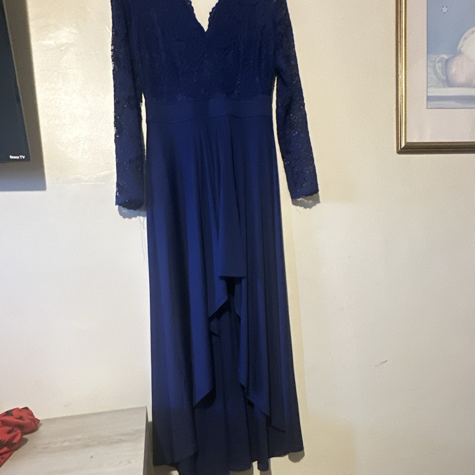 Womens M Blue Solid Lace V-Neck Long Sleeve Maxi Long Dress Polyester Spandex