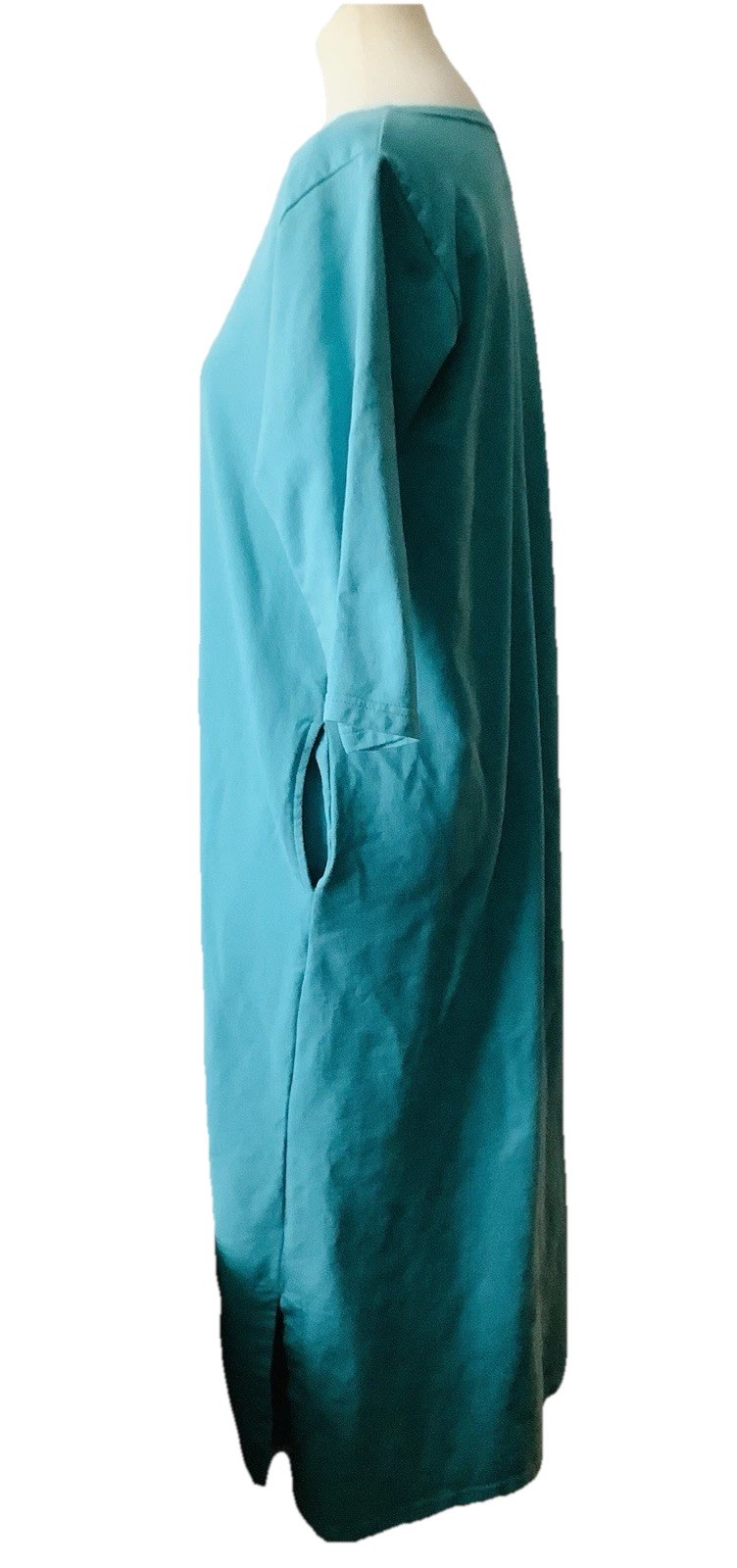 CYPRESS TSHIRT Dress (S) Long, Slits, 3/4 Sleeve Turquoise, Pockets Cozy Comfy