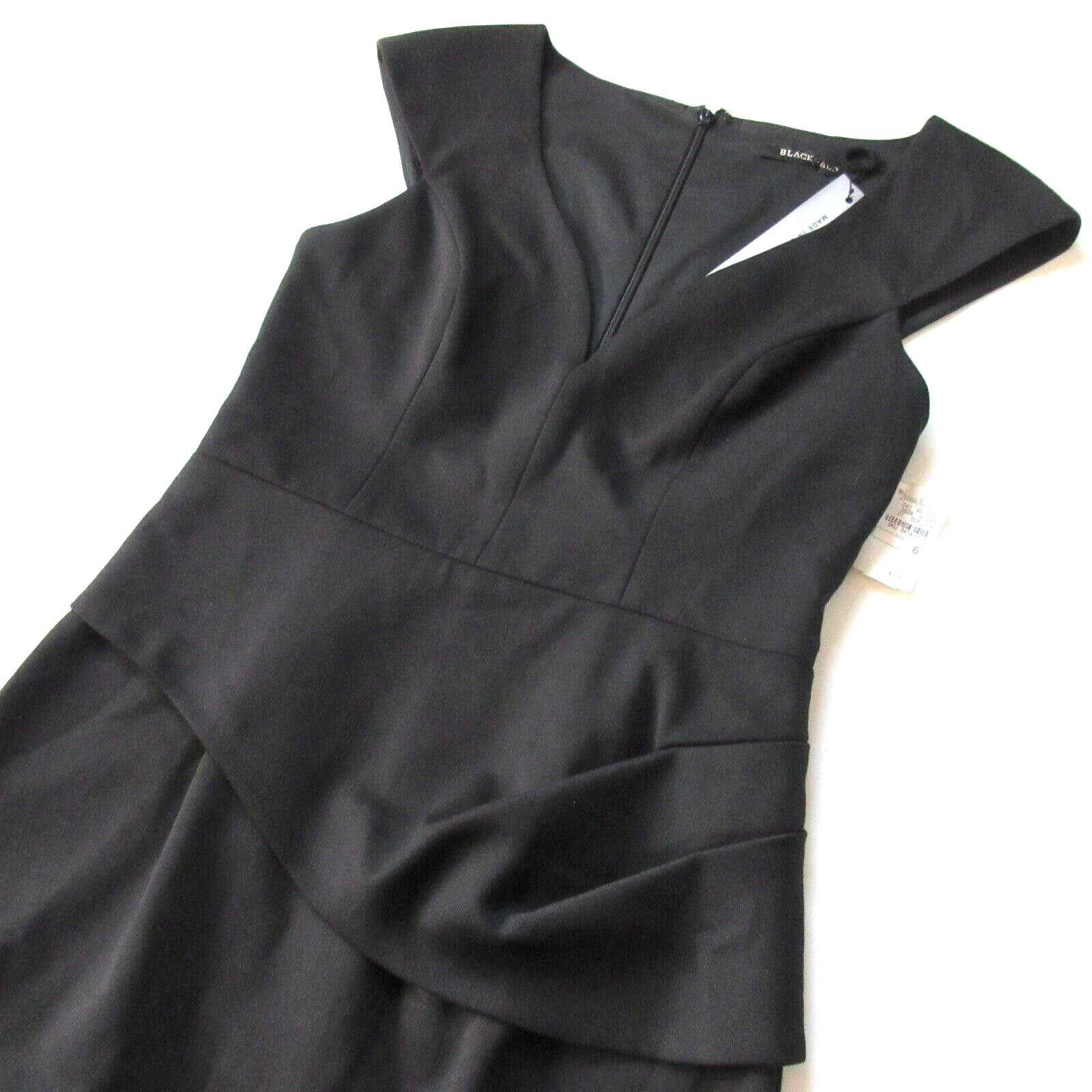 NWT Black Halo Dame in Black Peplum Side V-neck Tailored Stretch Sheath Dress 6