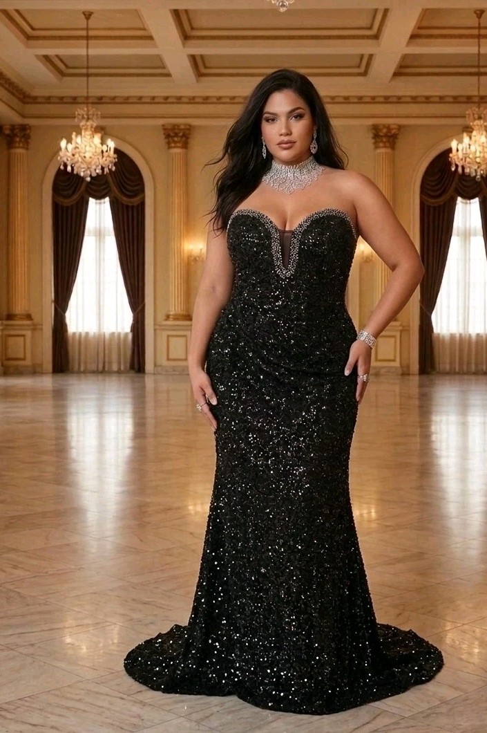 Ryanth Plus Size 22 Black Sequin Gala Gown Strapless Beaded High Low Formal…
